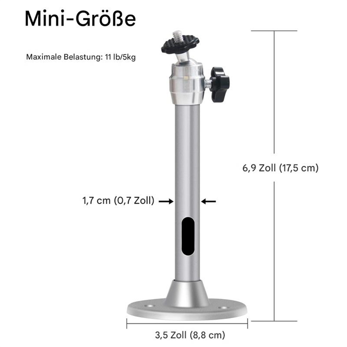 Silberne Projektorhalterung mit Abmessungen in cm und Zoll: 6,9 Zoll Höhe, 1,7 cm Breite.