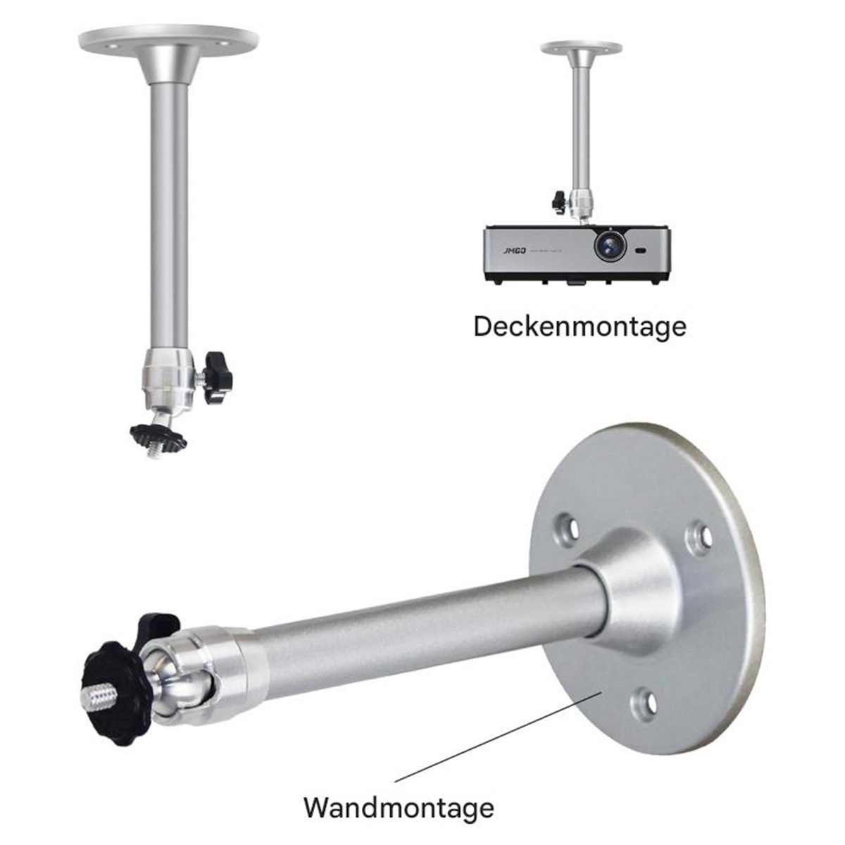 Projektorhalterungen: Deckenhalterung, Wandhalterung und Halterung mit Projektor.
