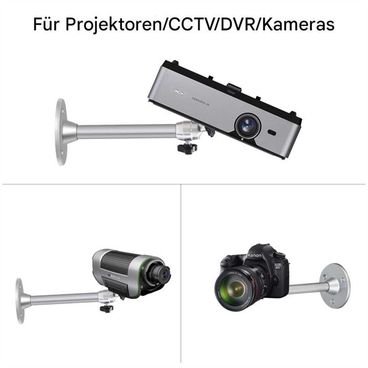 Bilder von Projektoren und Kameras, die an Wandhalterungen befestigt sind.