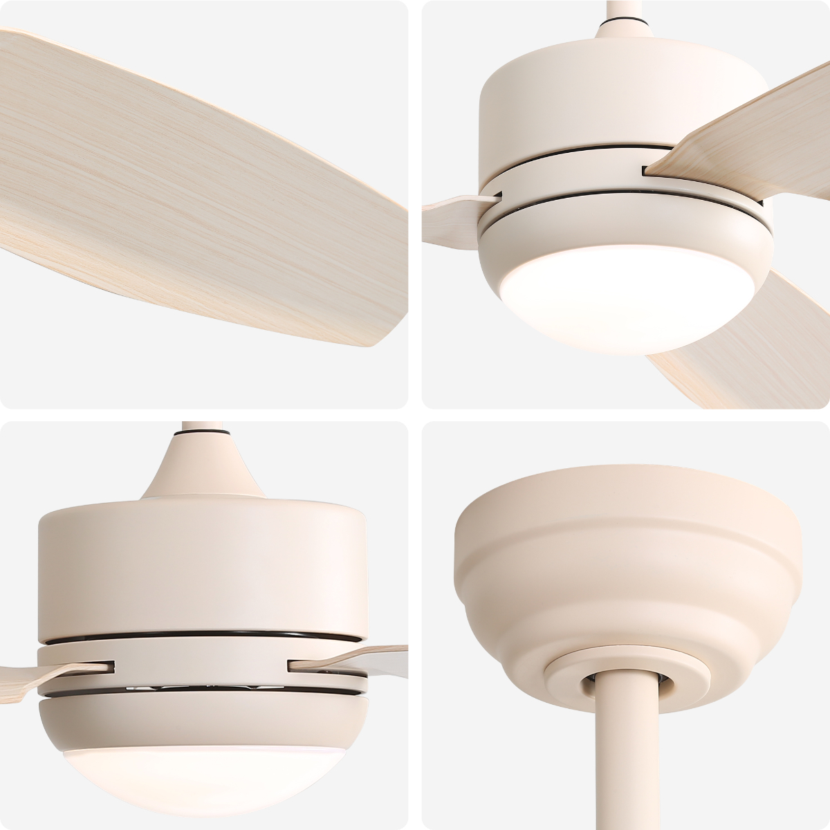 Vier Nahaufnahmen eines weißen Deckenventilators mit hellfarbigen Holzblättern.