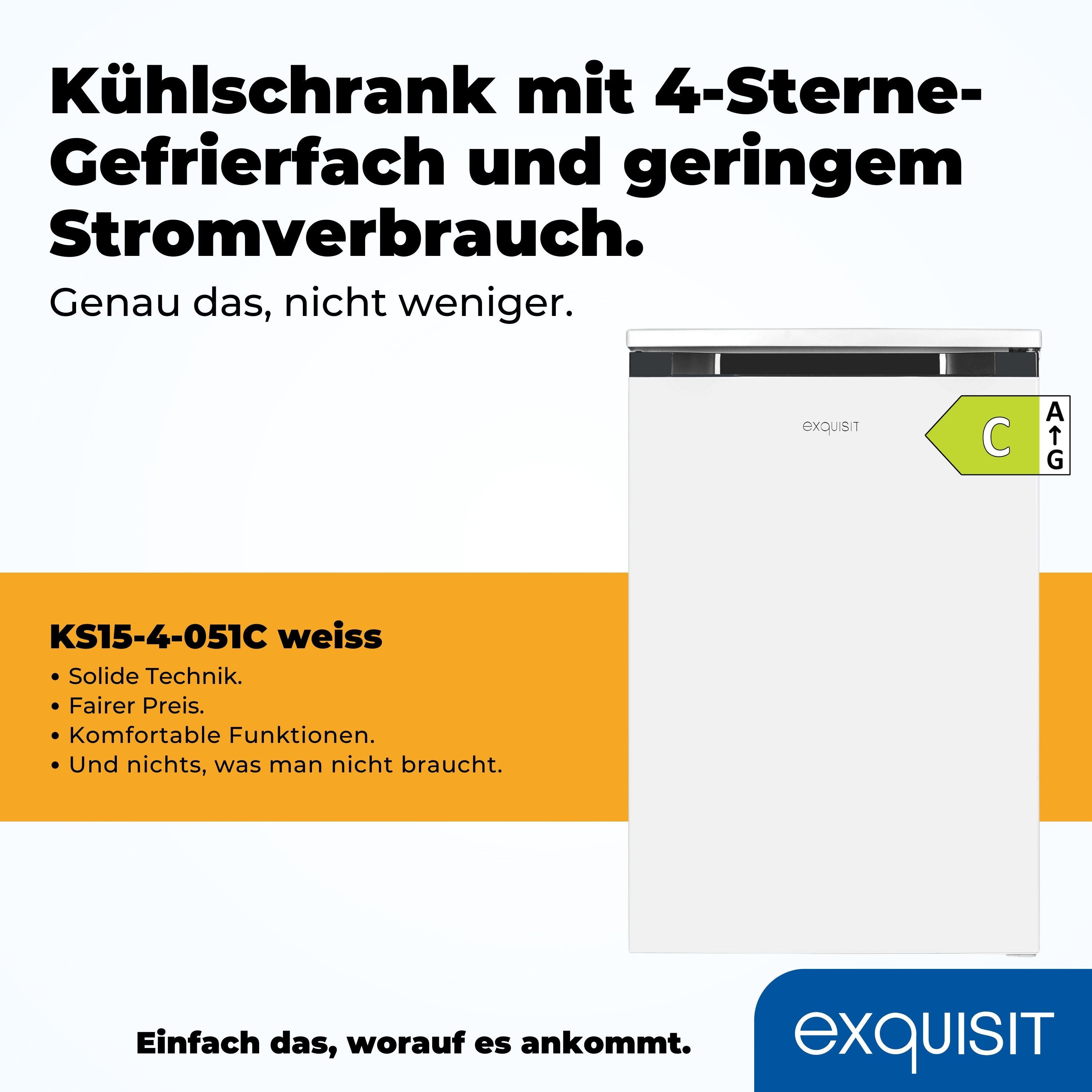 Ein weißer Kühlschrank mit Energieeffizienzklasse C. Text auf Deutsch.