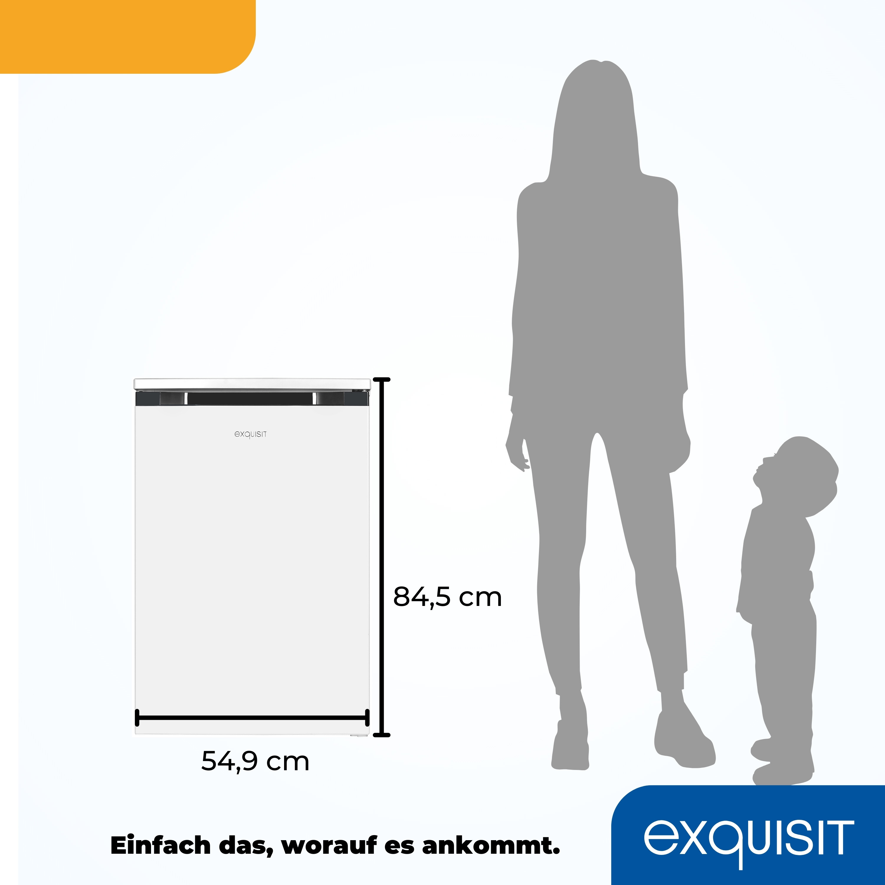Weißer Kühlschrank neben einer Silhouette einer Person und eines Kindes.