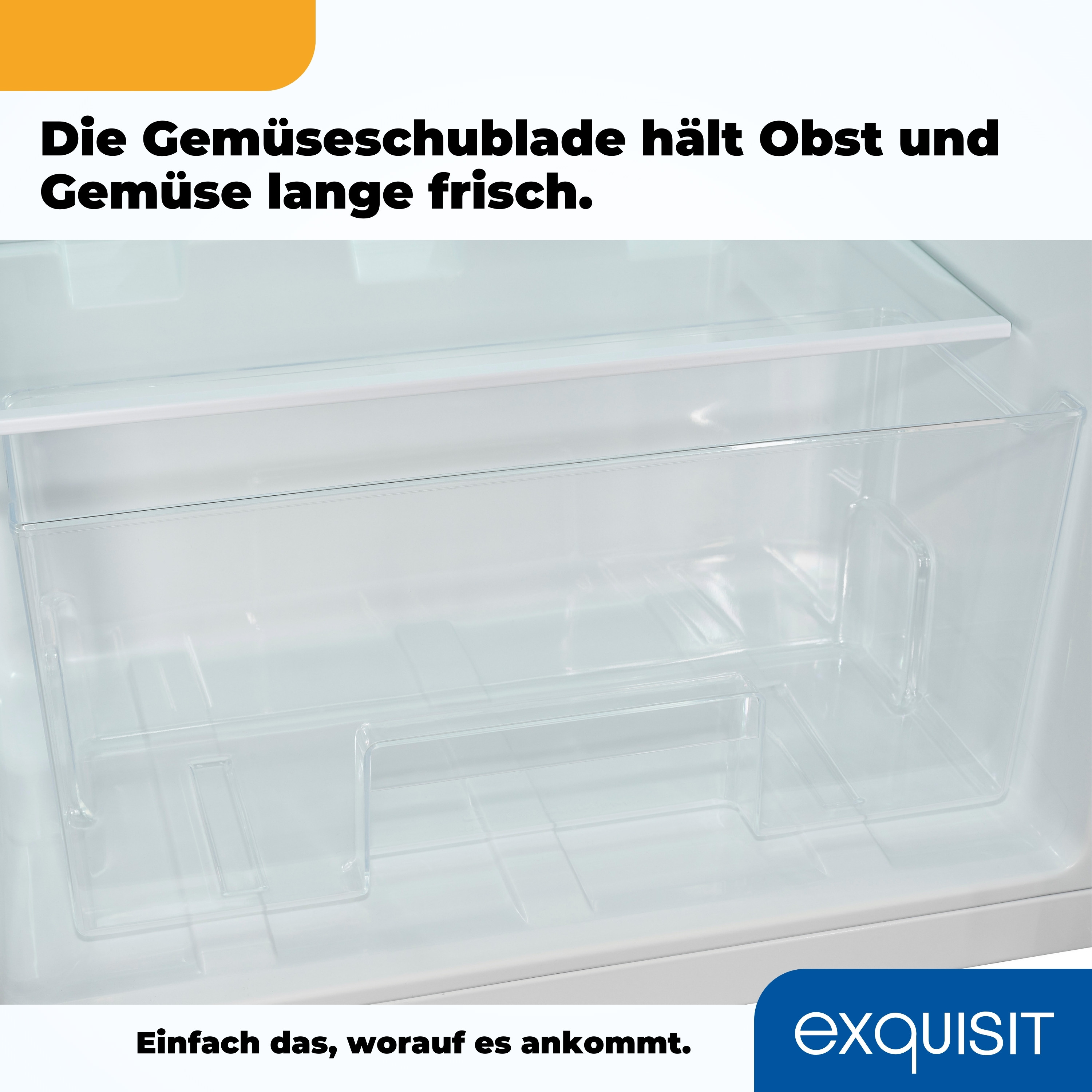 Eine transparente Kühlschublade, mit Text darüber, ist leer. Die Schublade befindet sich in einem weißen Kühlschrank.