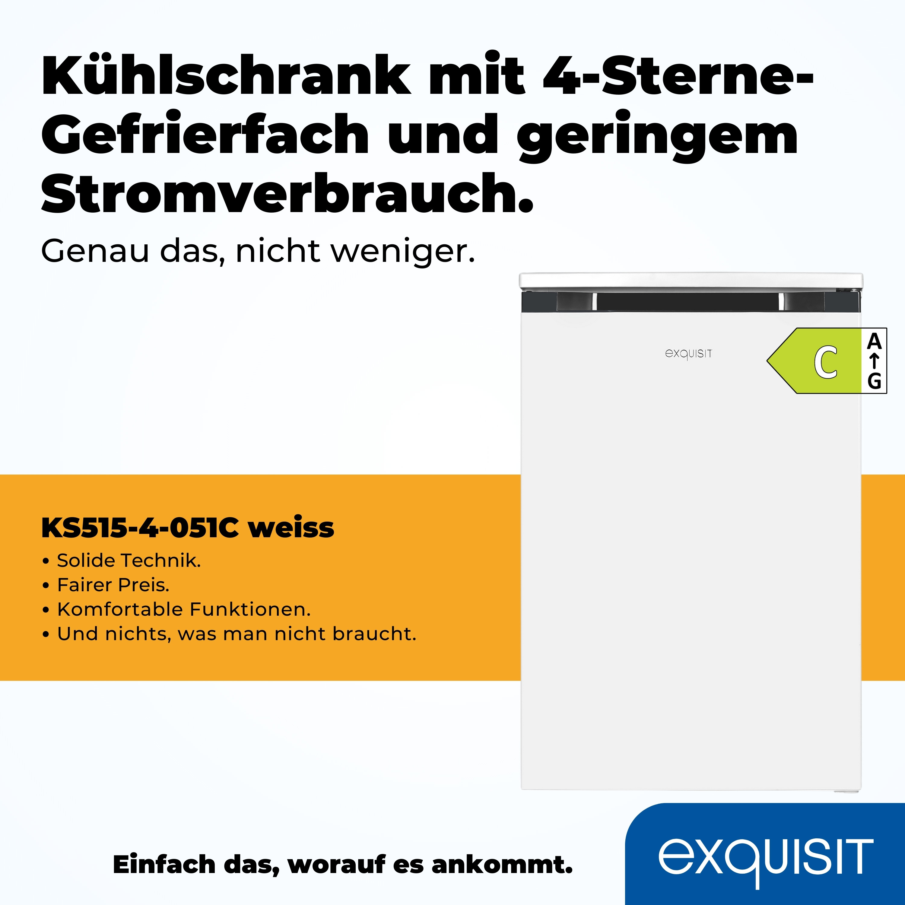 Weißer Kühlschrank. Text auf dem Bild: Kühlschrank mit 4-Sterne-Gefrierfach. Hintergrund: weiß.