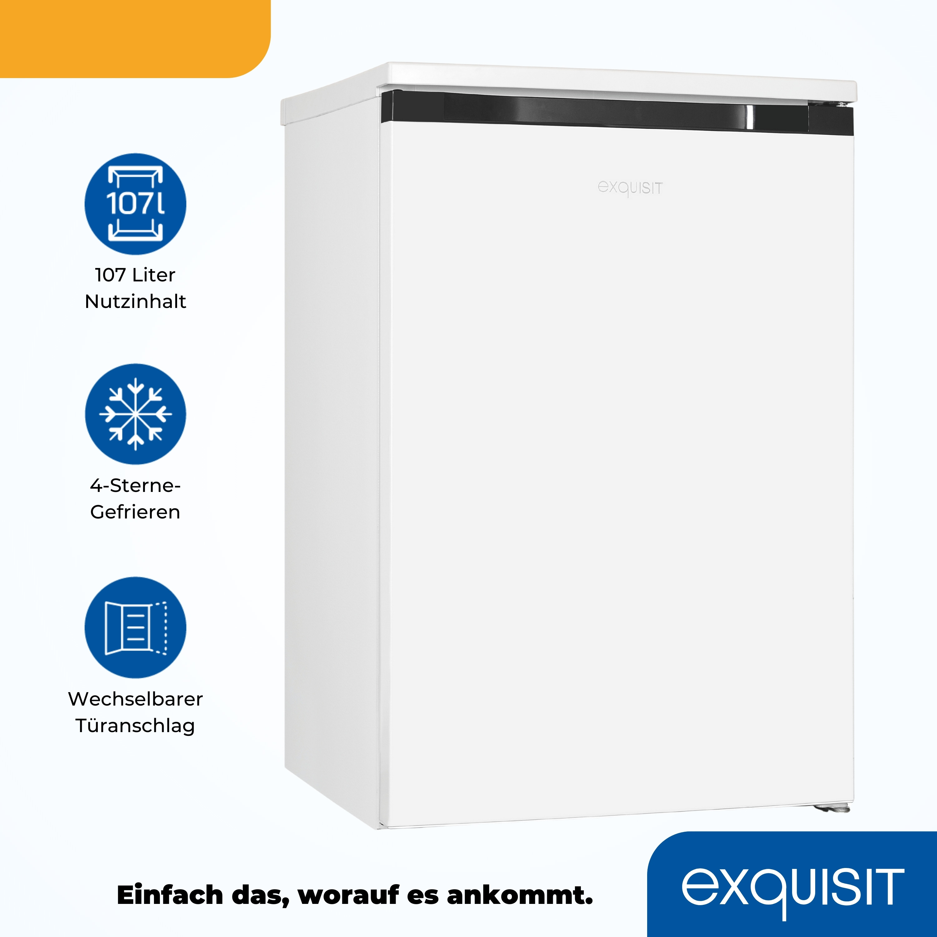 Ein weißer Kühlschrank mit weißer Tür. Er hat Symbole, die Merkmale wie 107L Kapazität anzeigen.