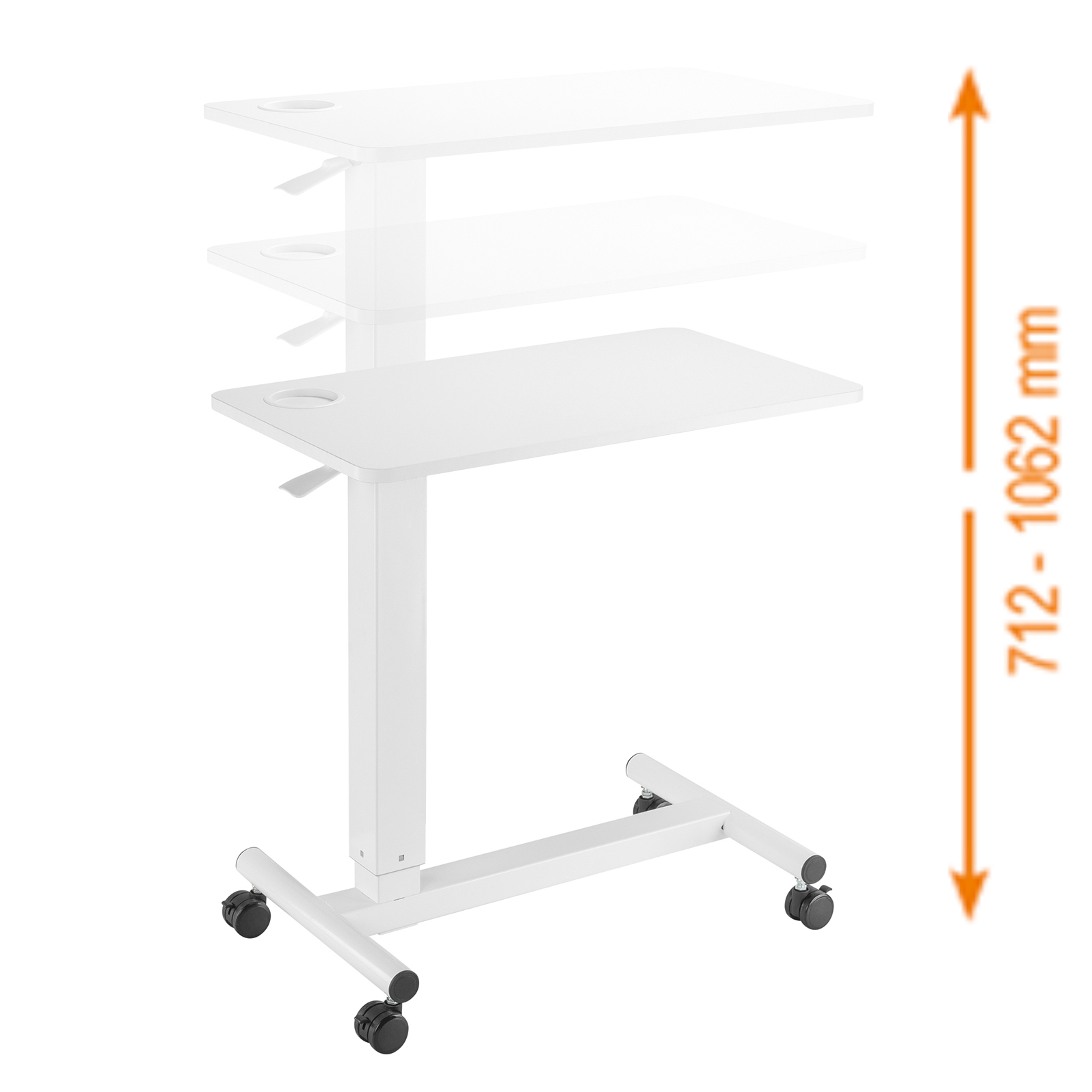 Weißer, höhenverstellbarer Schreibtisch mit Rädern, Höhe 712-1062 mm.