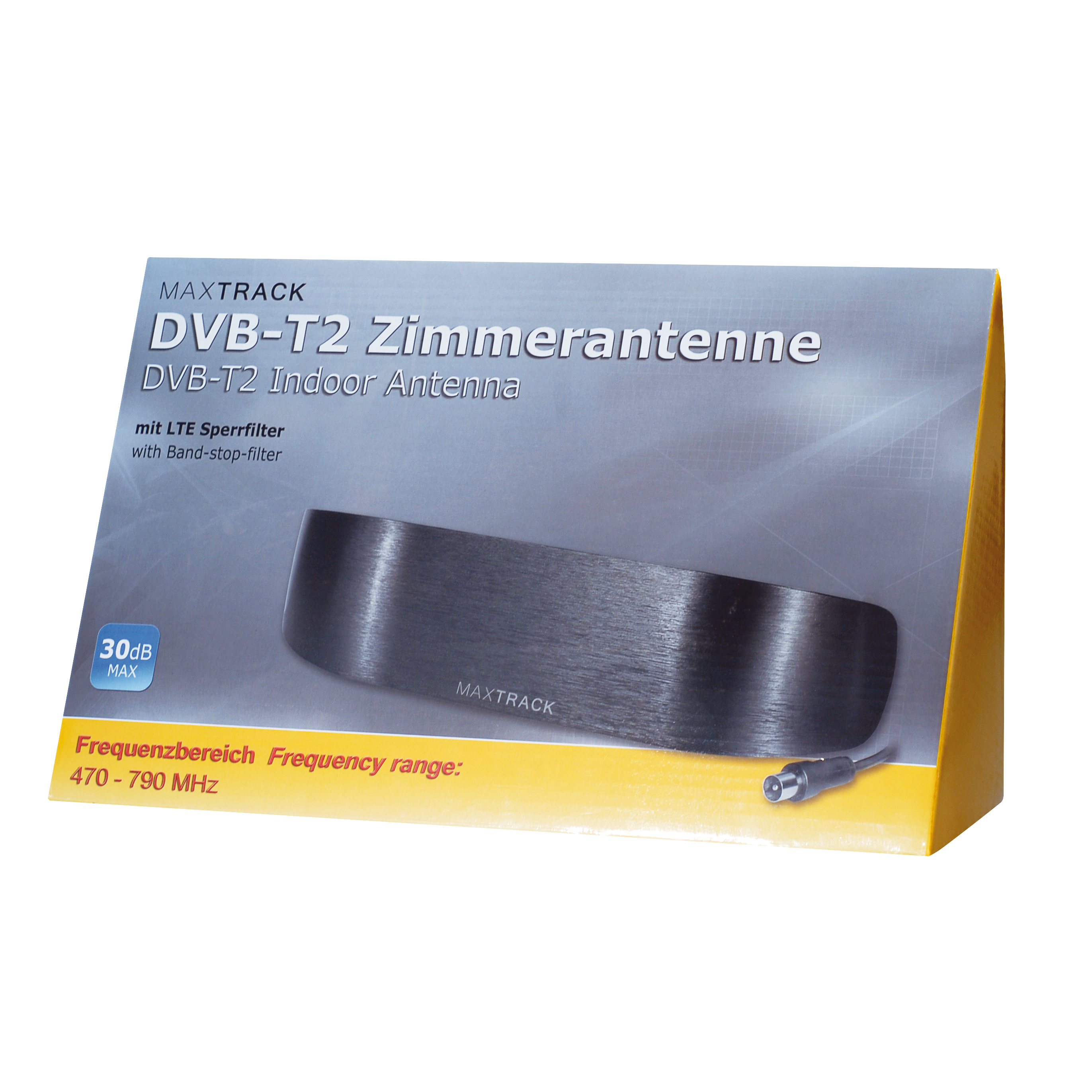 Eine DVB-T2-Innenantenne in einer Box mit Spezifikationen auf der Vorderseite.