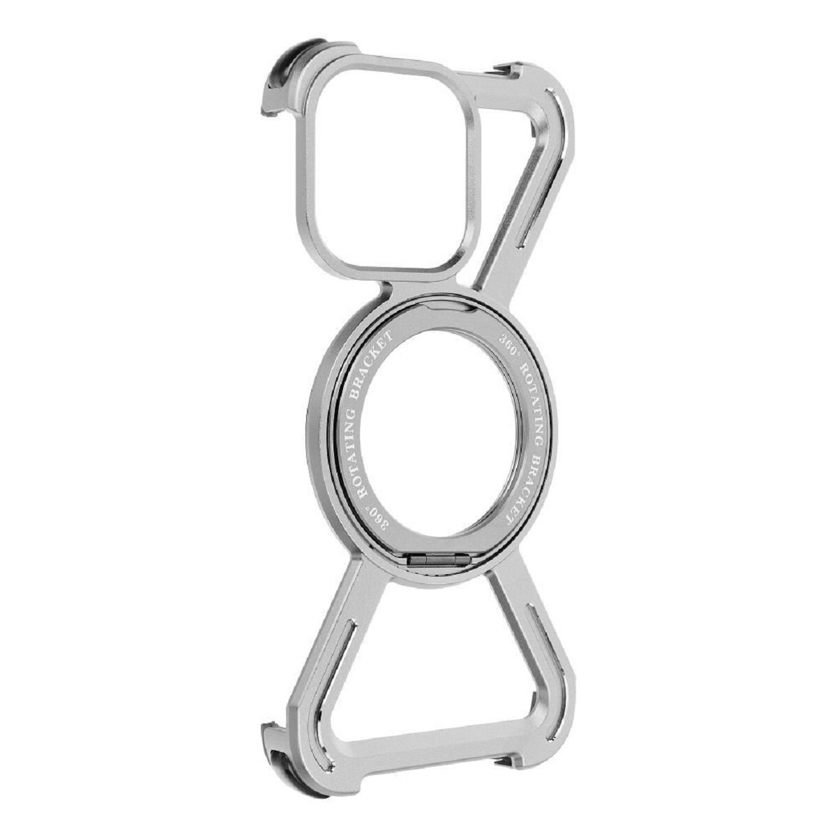Silbernes Handyhüllen-Zubehör. Es hat ein rotierendes Halterungsdesign für ein Telefon.