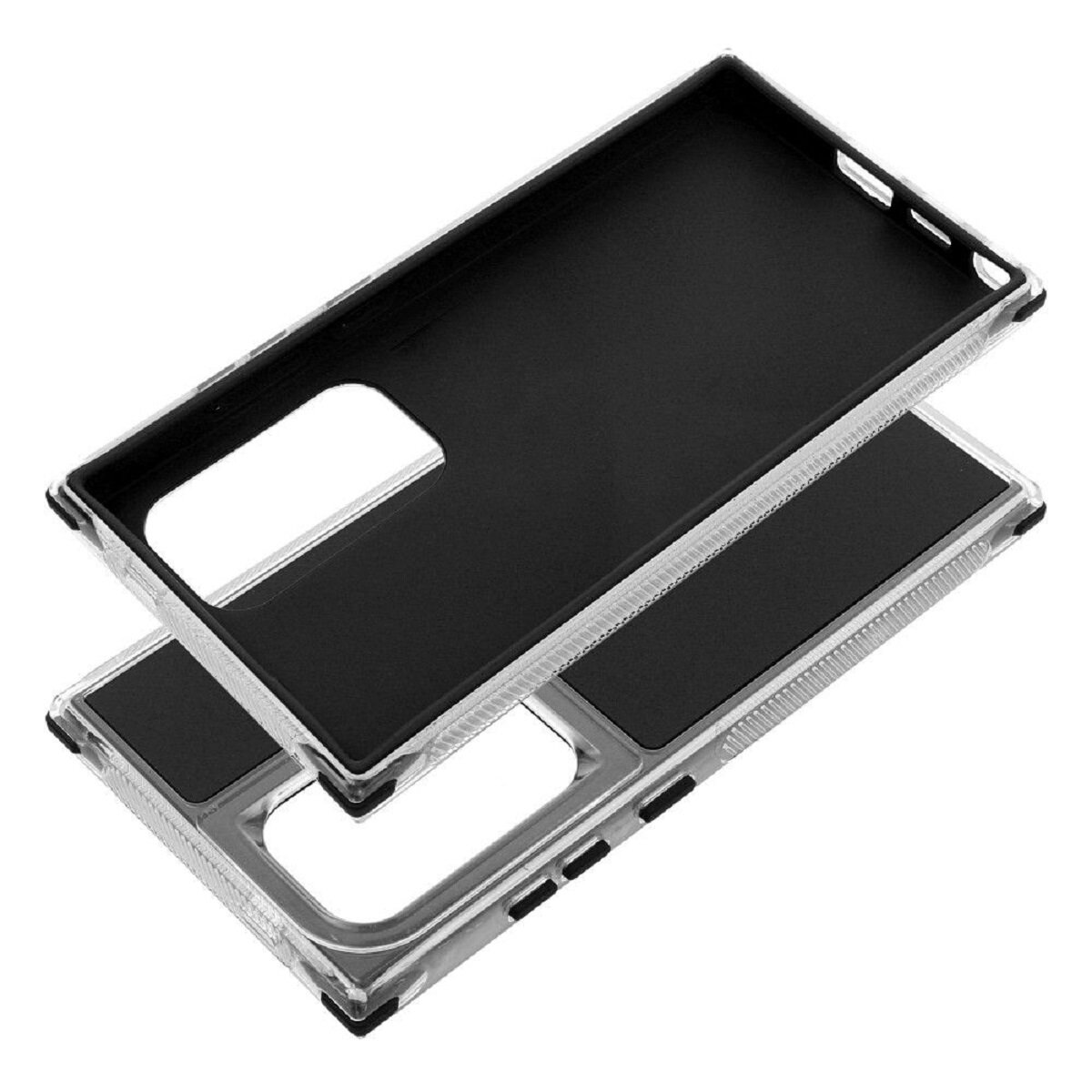 Eine transparente Handyhülle in 2 Teilen. Schwarze Innenseite. Weißer Hintergrund.
