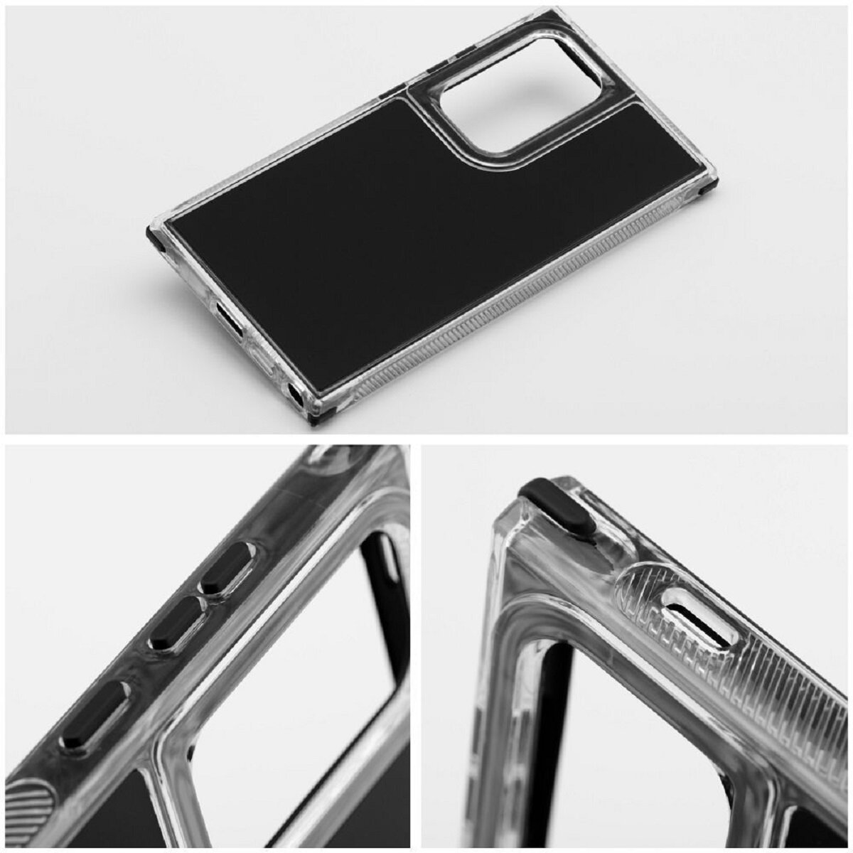 Transparente Handyhülle mit schwarzem Rücken. Details der Knöpfe und Kanten sichtbar.