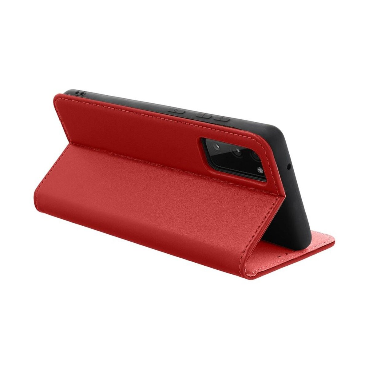Rote Leder-Handyhülle, offen, mit einem schwarzen Telefon darin.