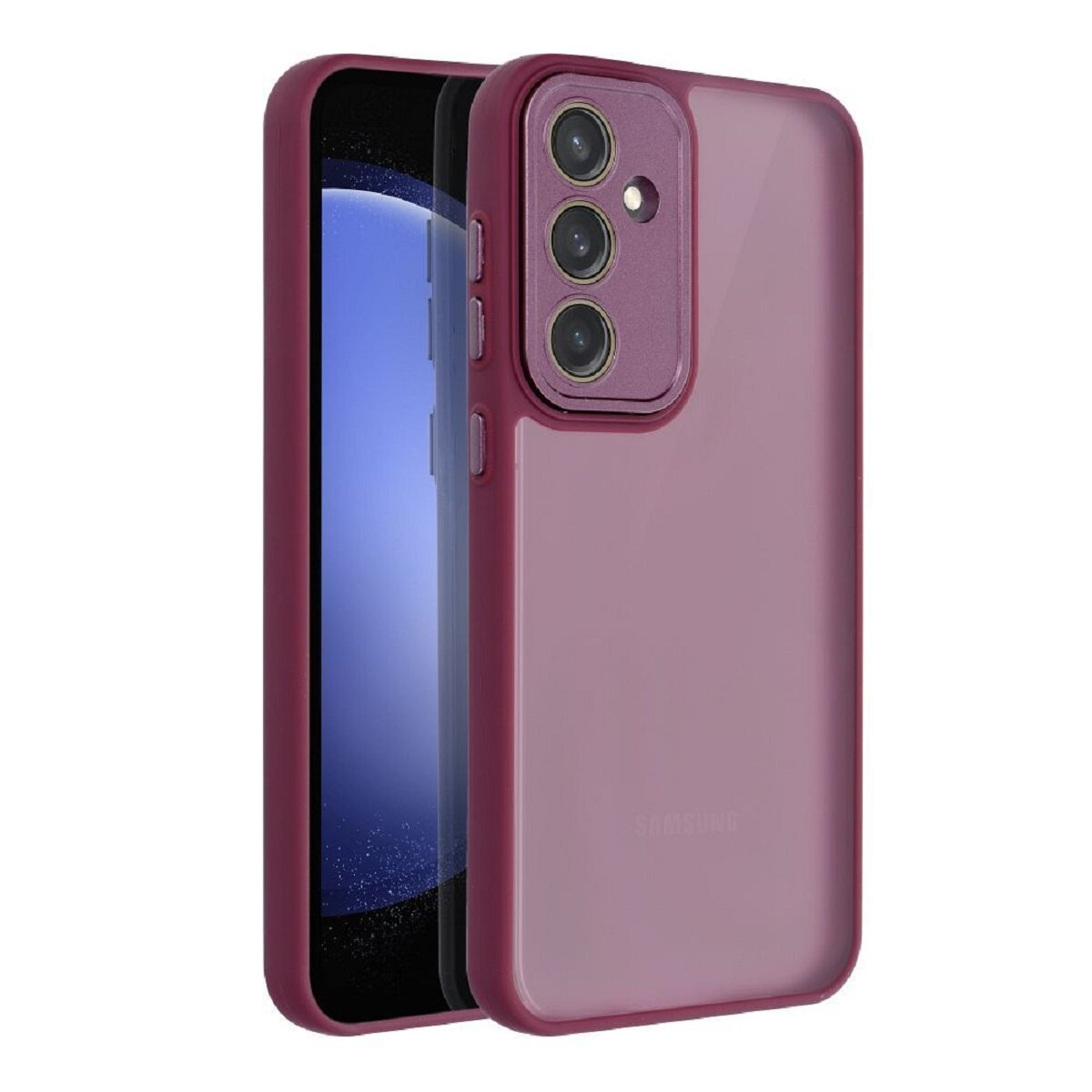 Transparente Handyhülle in Magenta. Ein Telefon ist darin. Die Hülle hat drei Kameras.