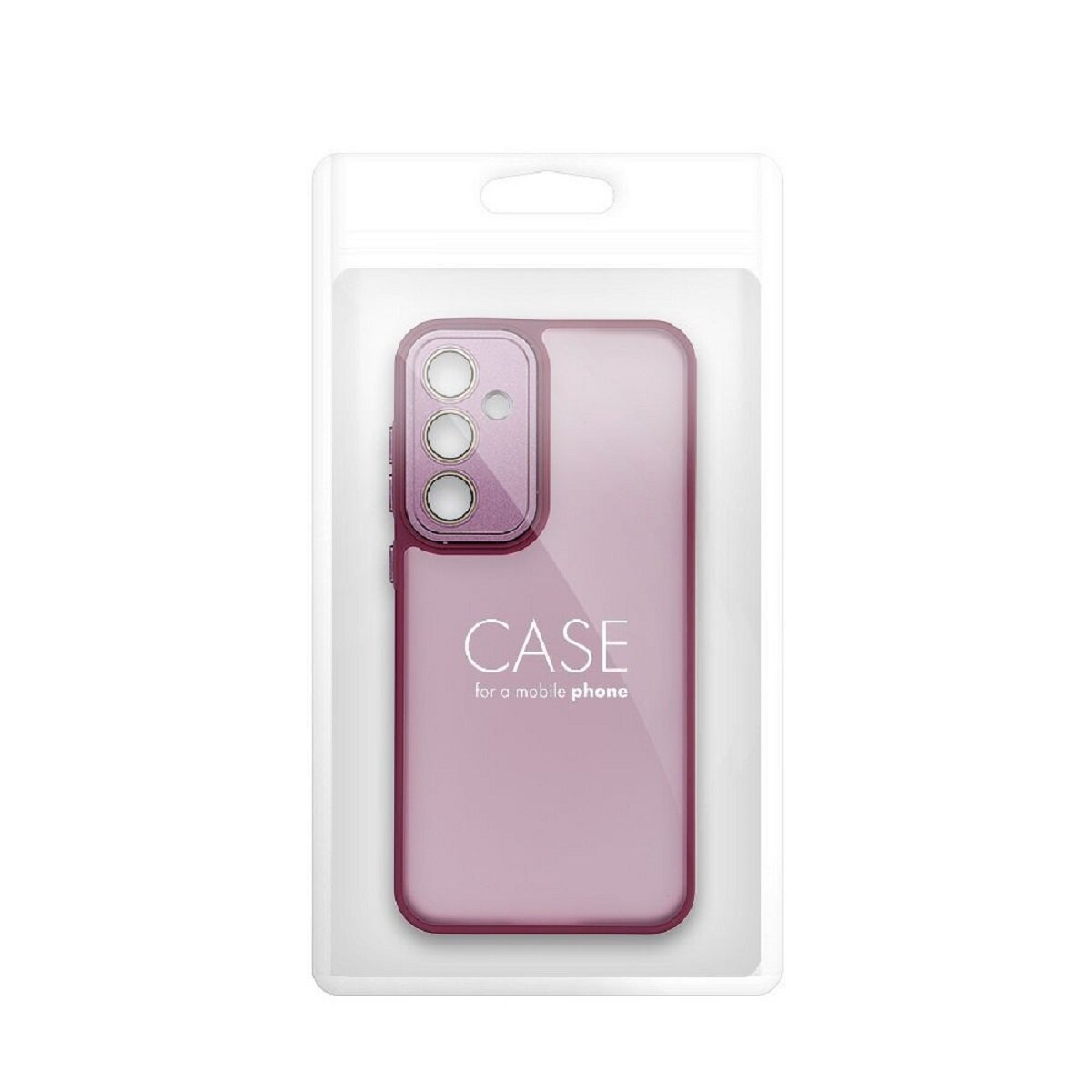 Handyhülle in klarer Plastikverpackung. Hülle rosa, mit Kameraausschnitt.