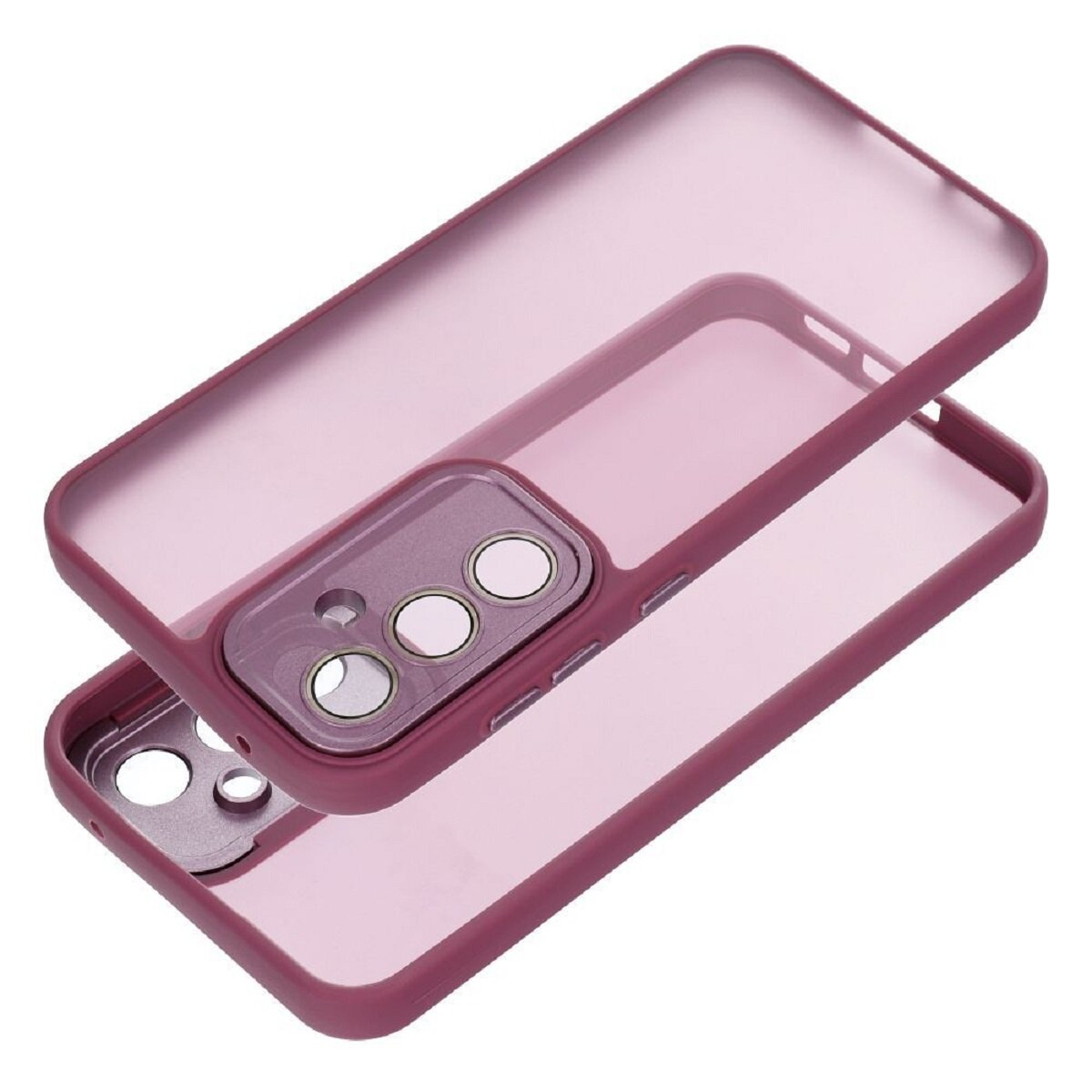 Zweiteilige Handyhülle mit rosa-lila Farbton. Der obere Teil ist transparent, der untere Teil ist fest.
