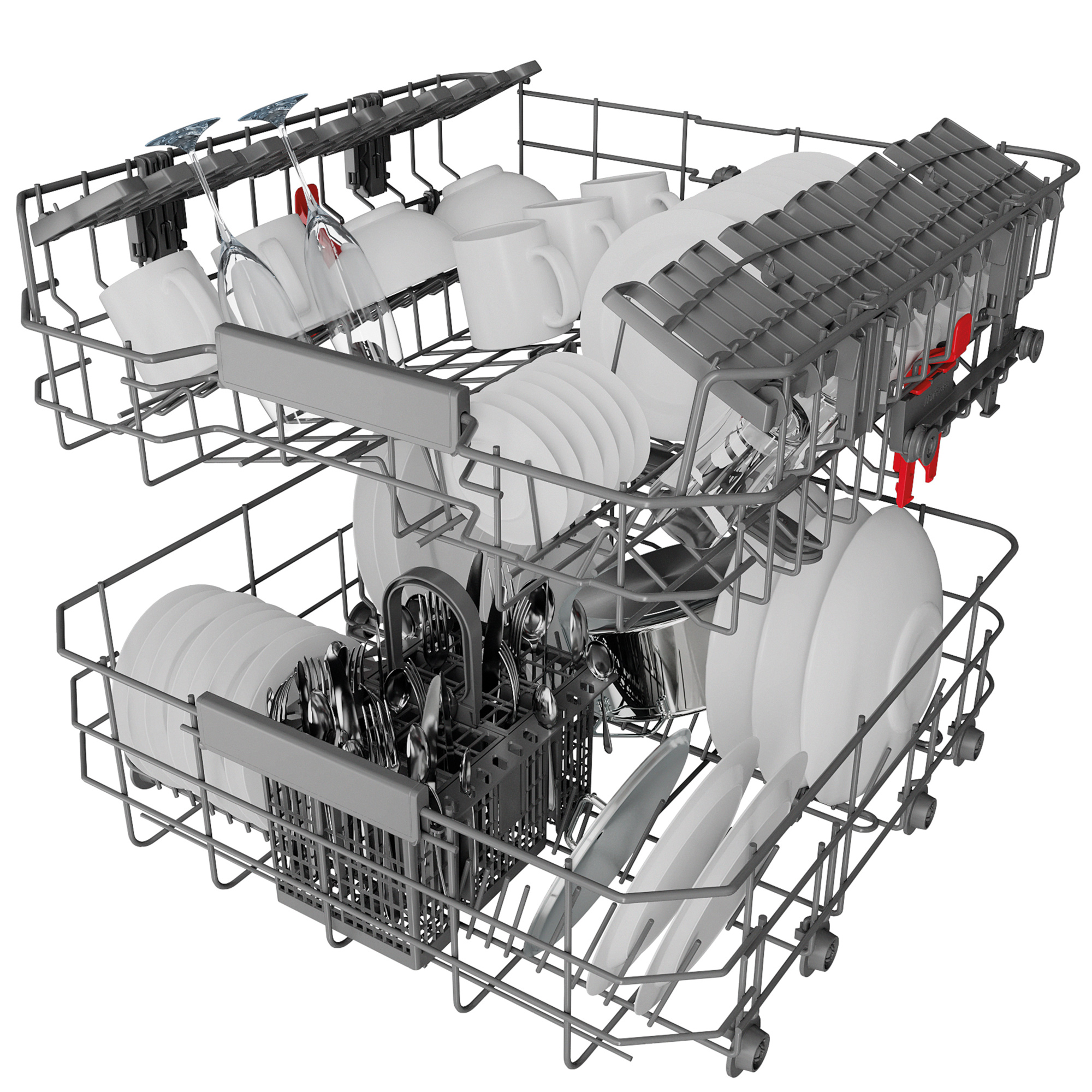 A dishwasher with two racks filled with clean dishes, glasses, and silverware.