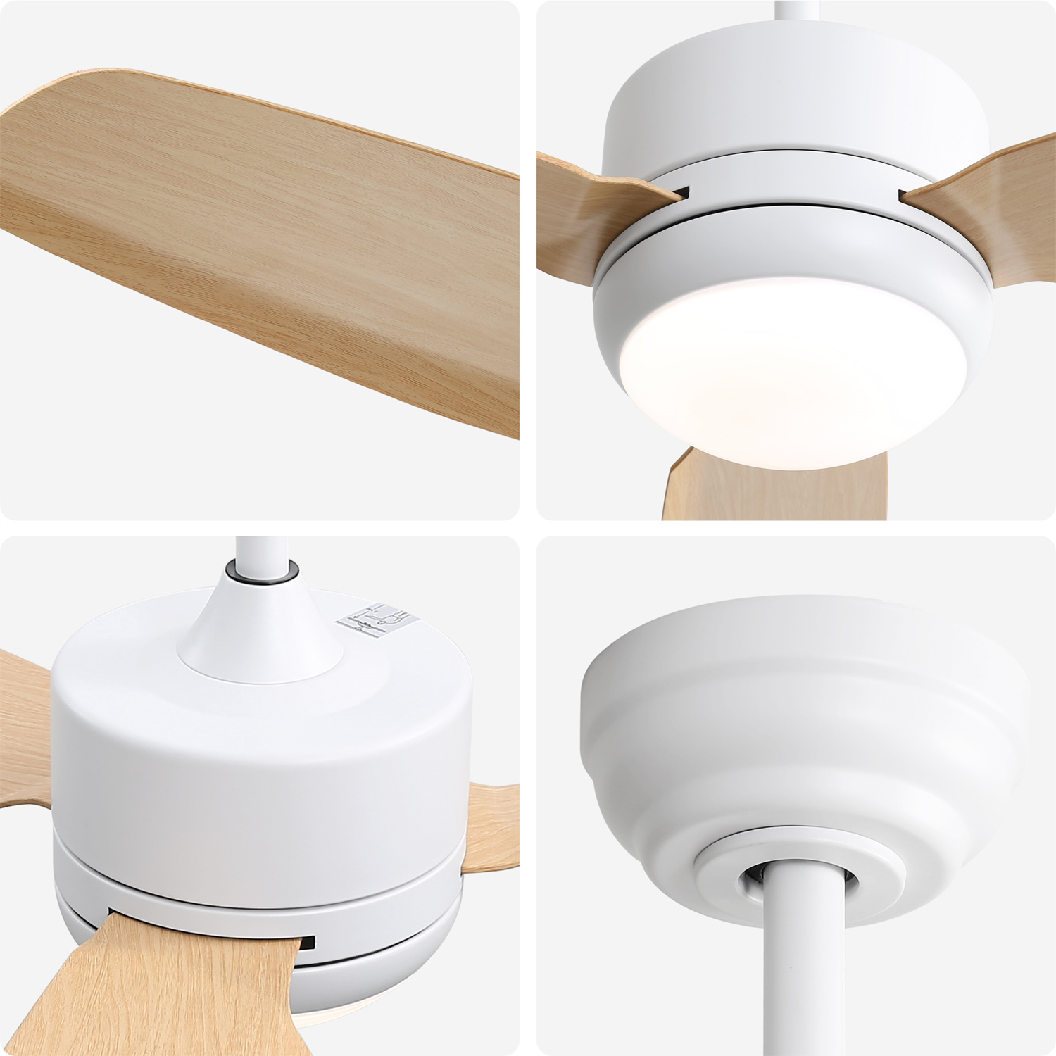 Weißer Deckenventilator mit Holzflügeln und zentralem Licht. Vier Bilder zeigen verschiedene Perspektiven.