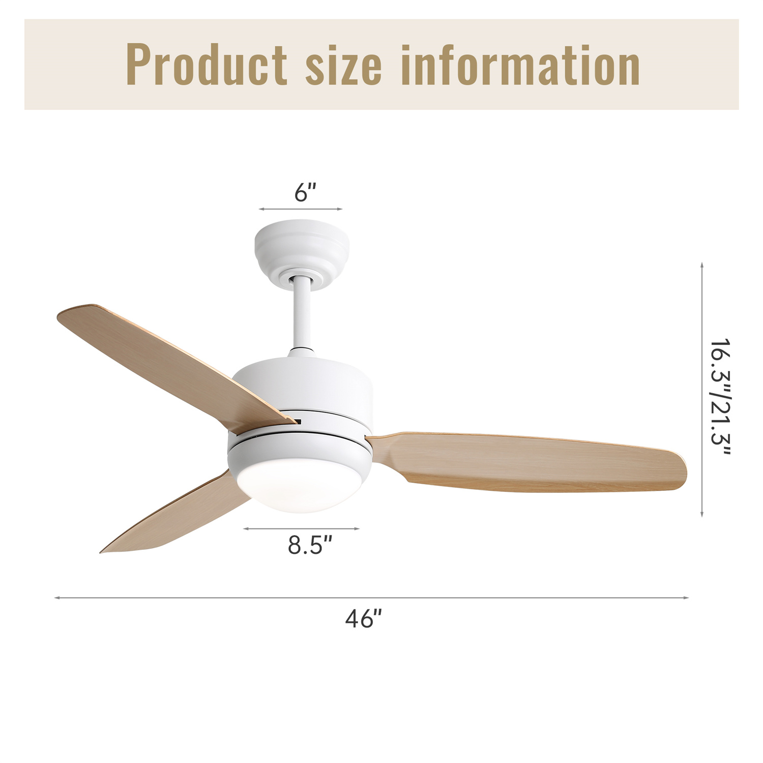 Ein weißer Deckenventilator mit Holzflügeln.