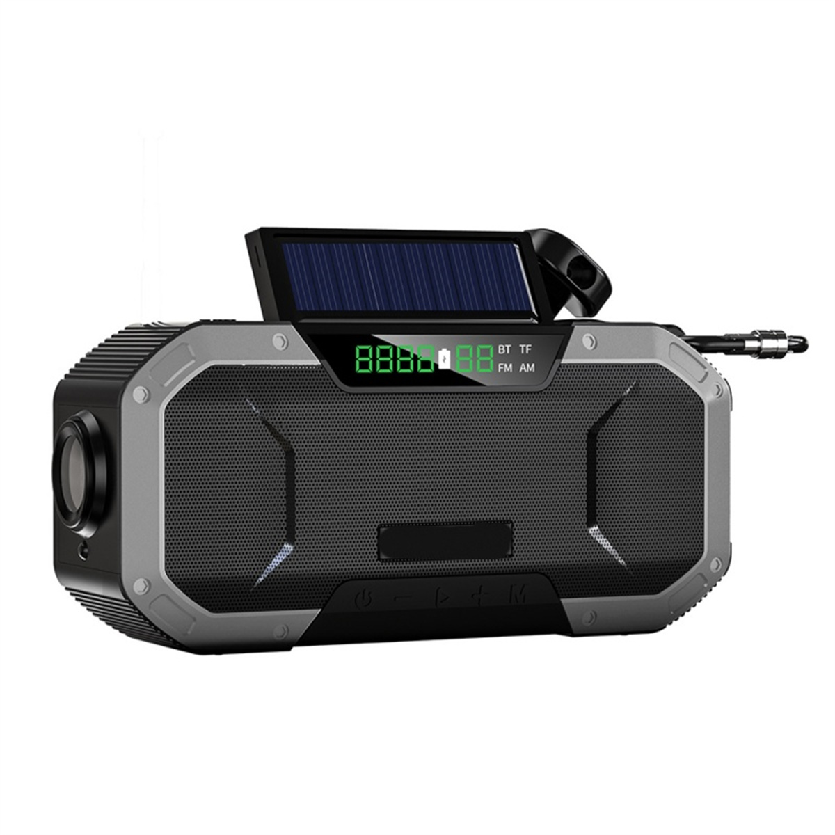 Grau-schwarzer solarbetriebener Lautsprecher mit Digitalanzeige. Hat ein Solarpanel oben und verschiedene Tasten.