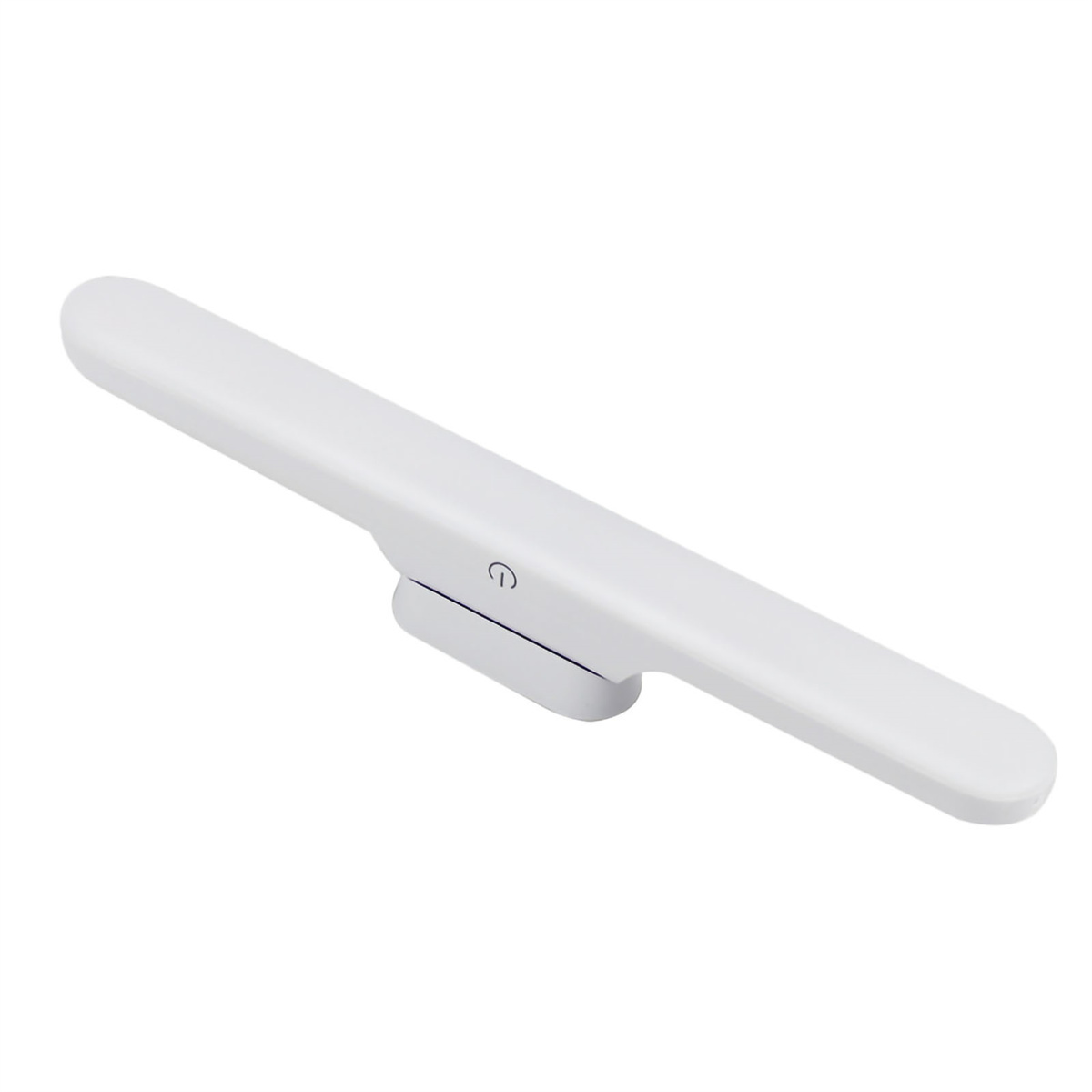 Weiße, elegante, längliche Leuchte. Sie hat eine gebogene Form und ist auf weißem Hintergrund.