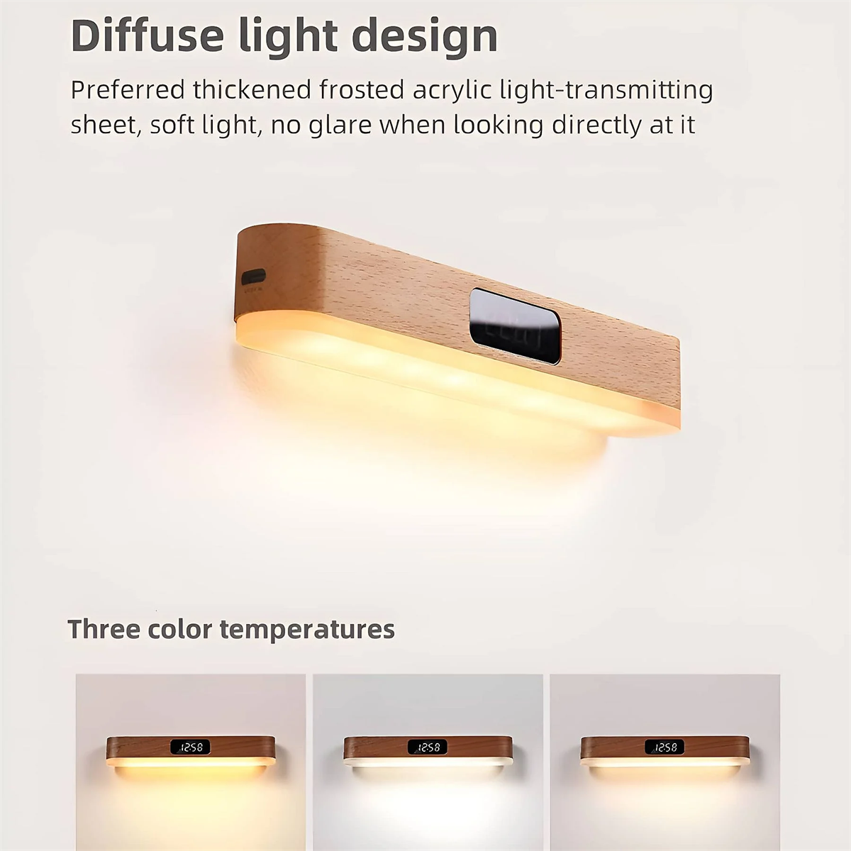 Eine Wandleuchte aus Holz mit Licht, einem Bildschirm und drei verschiedenen Farbtemperaturoptionen.