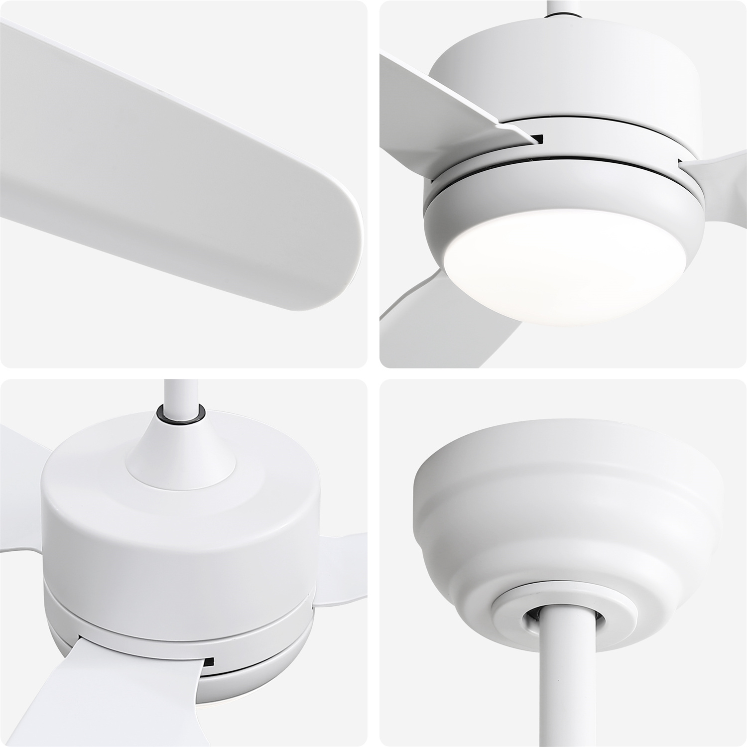 Weißer Deckenventilator. Nahaufnahmen von Flügeln, Motor und Licht. Weißer Hintergrund.