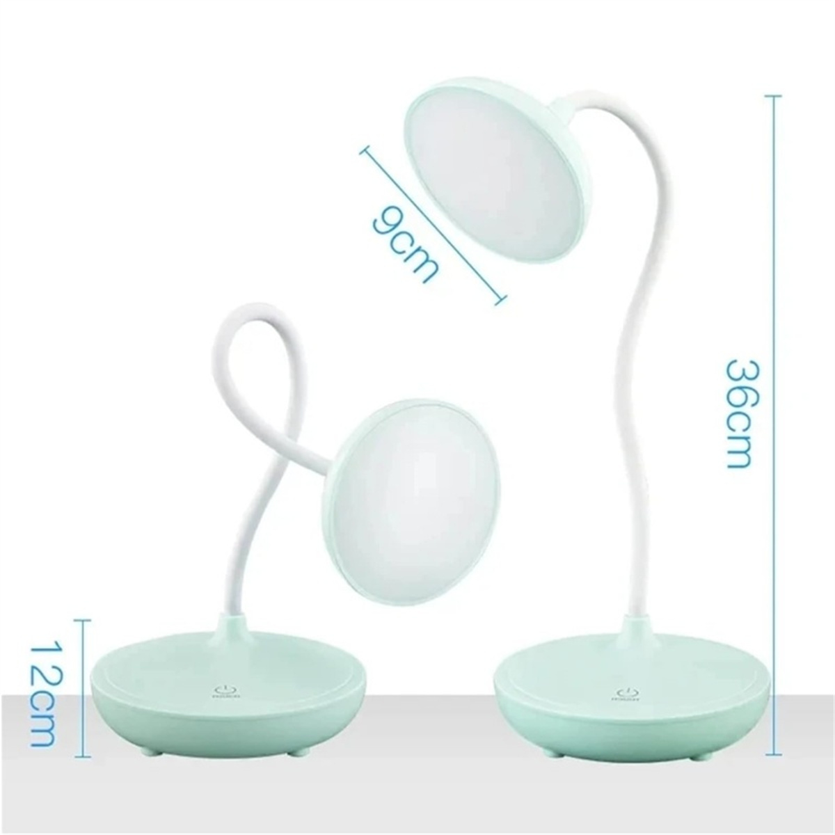 Zwei mintgrüne Schreibtischlampen mit flexiblen Hälsen. Maße sind angegeben.