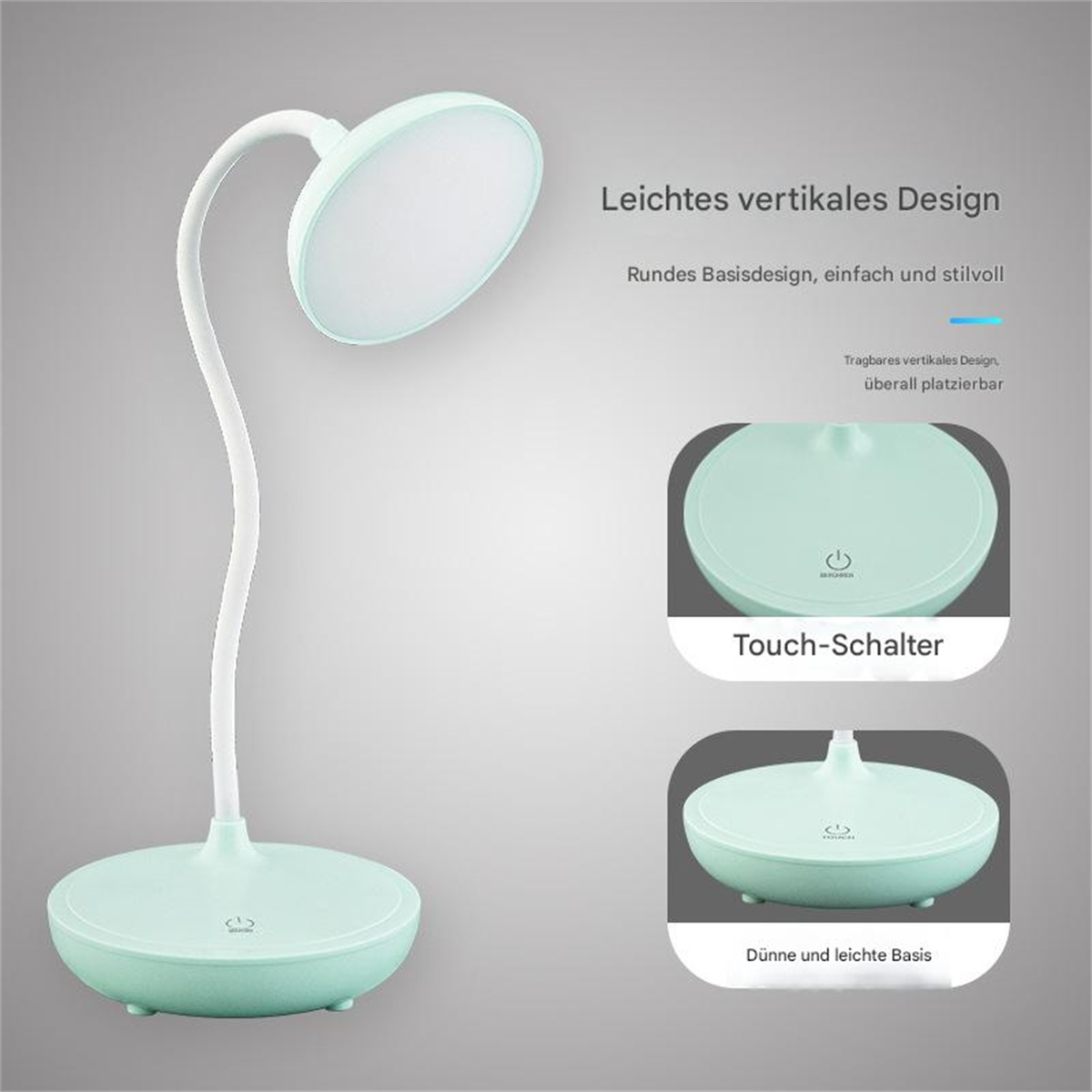 Eine Schreibtischlampe mit rundem Fuß und Kopf. Grüne Farbe. Weißer Hintergrund mit Details.