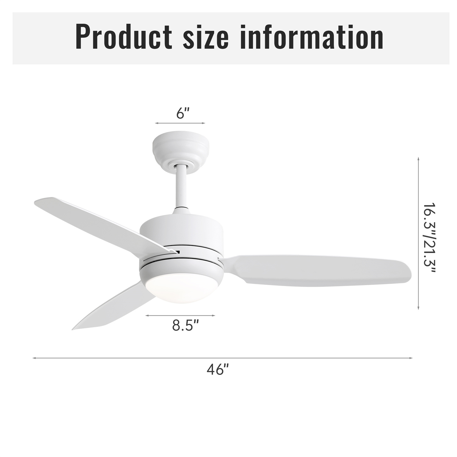 Ein weißer Deckenventilator mit drei Flügeln. Abmessungen sind angegeben, einschließlich des Durchmessers und der Flügellänge des Ventilators.