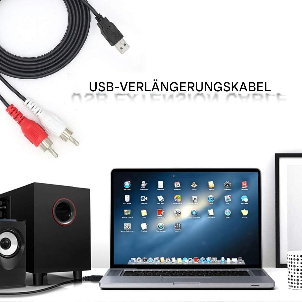 Ein Laptop, Lautsprecher und Kabel liegen auf einer weißen Oberfläche. Text lautet USB-Verlängerungskabel.