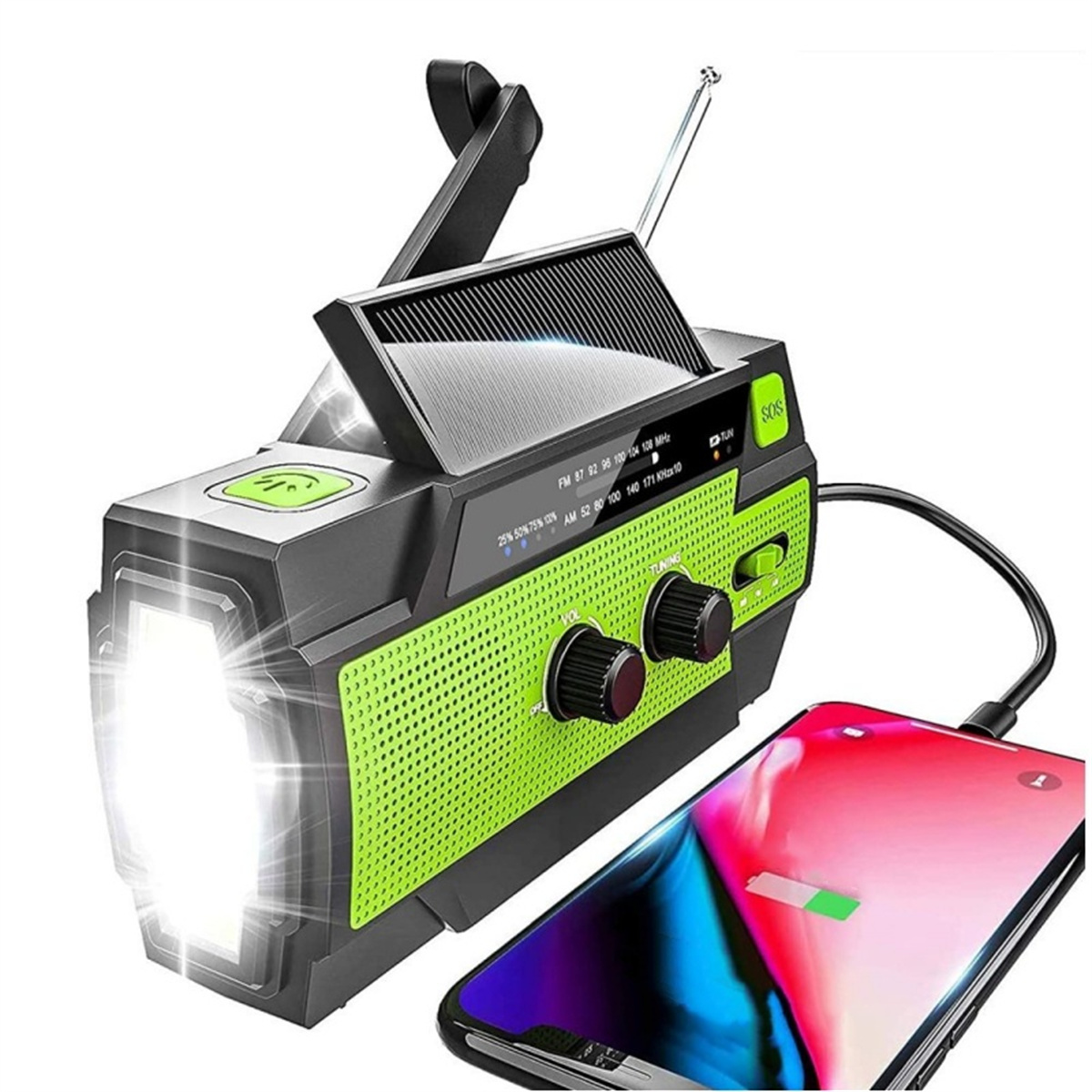Notfallradio mit Taschenlampe, Solarpanel und Telefonladung. Telefon wird geladen.