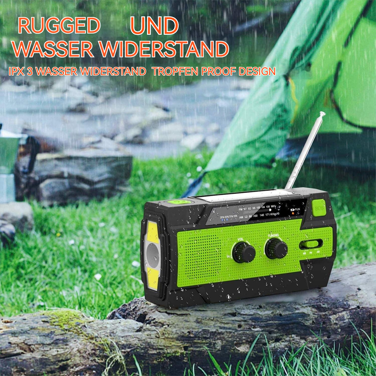 Ein grün-schwarzes Radio auf einem Baumstamm mit Regen und den Worten 'Robust und wasserdicht'.