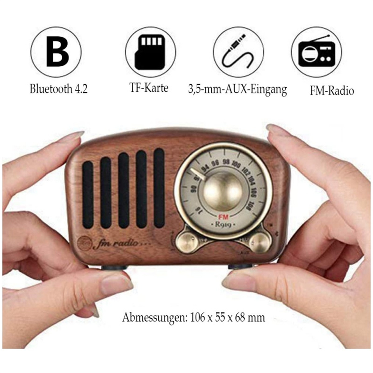 Holz-Vintage-Radio mit vier Symbolen: Bluetooth, TF-Karte, 3,5-mm-AUX und UKW-Radio.