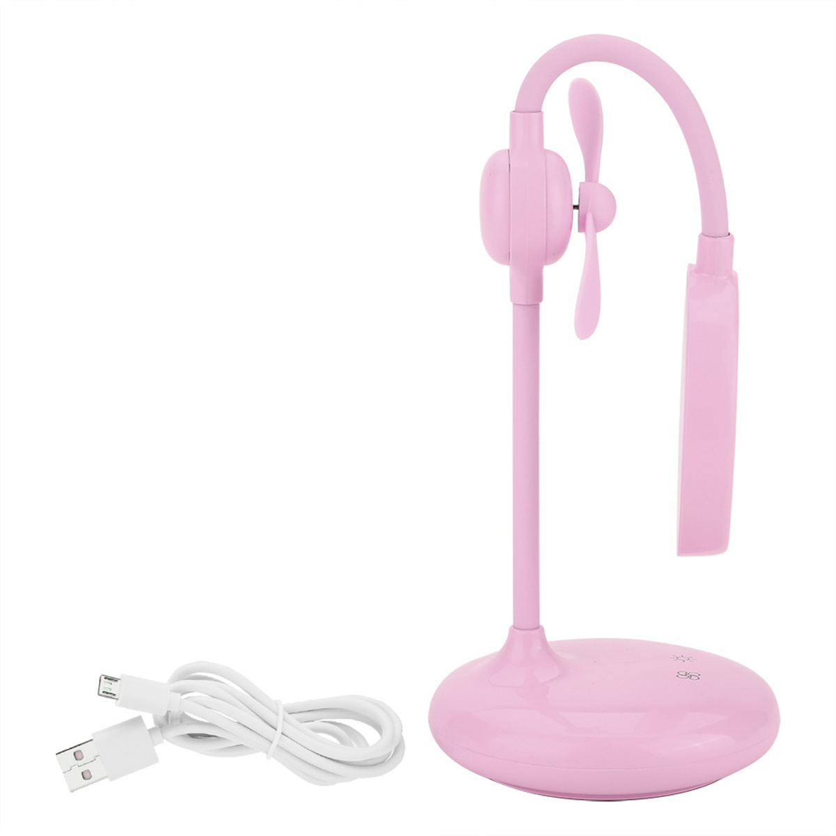 Rosa Schreibtischventilator und Licht. USB-Kabel angeschlossen. Weißer Hintergrund. Gebogener Hals.
