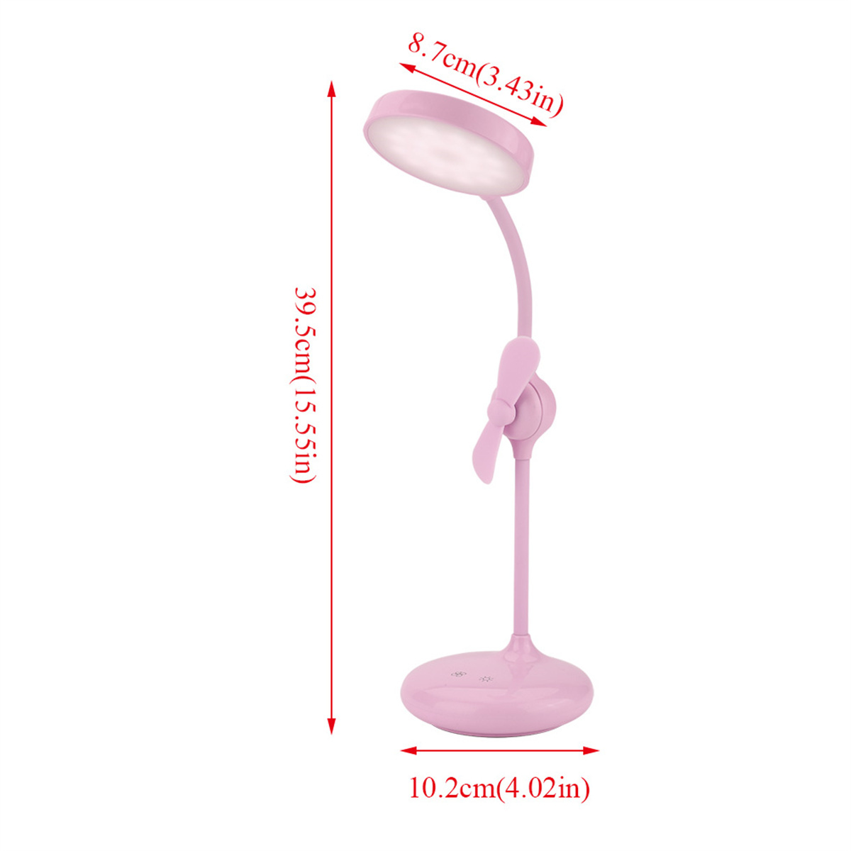 Rosa Schreibtischlampe mit Ventilator. Abmessungen: 39,5 cm hoch, 8,7 cm Kopf, 10,2 cm Basis. Ventilator ist befestigt.