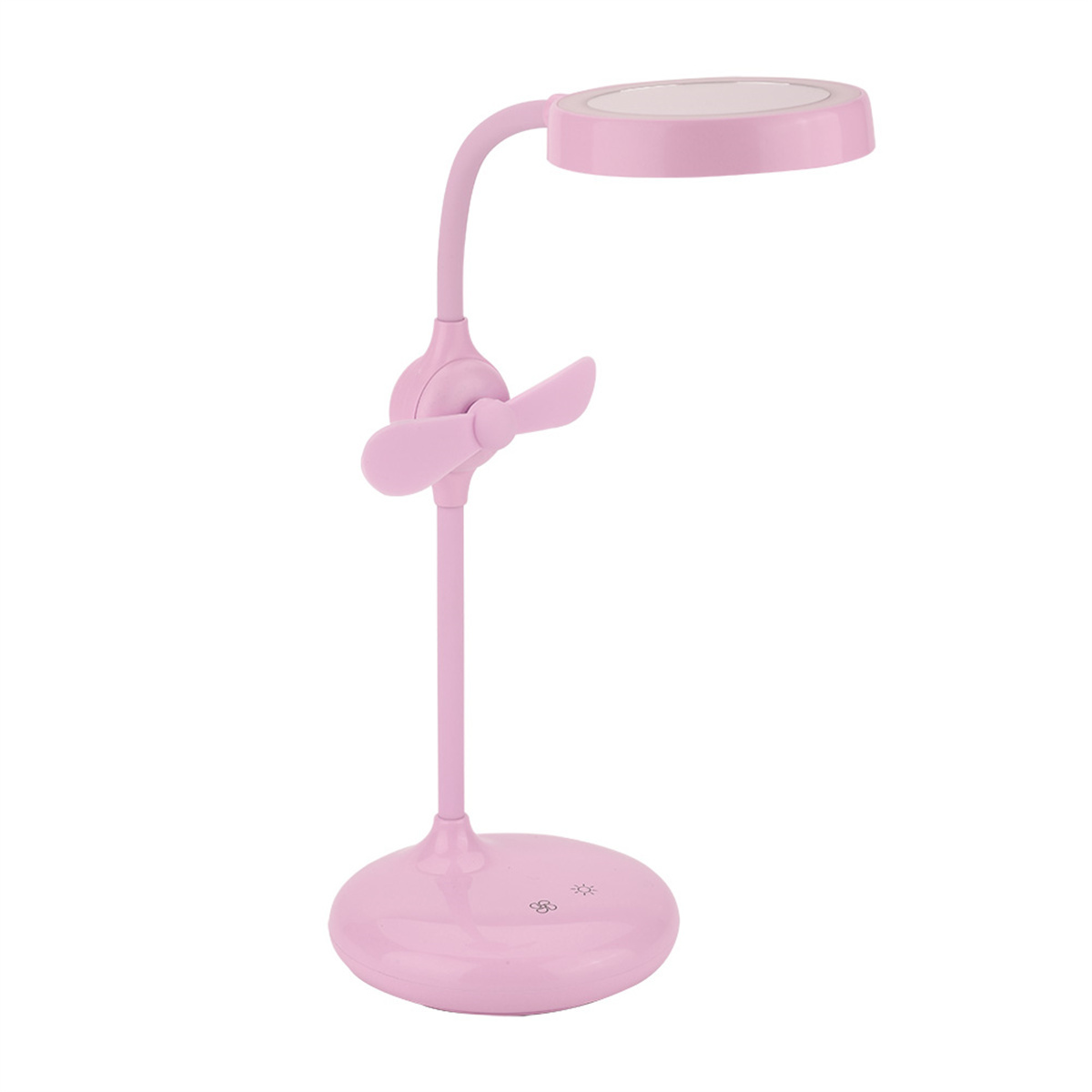 Rosa Schreibtischlampe mit einem kleinen Ventilator. Sie hat einen runden Fuß.