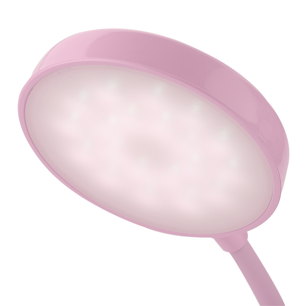 Eine pinkfarbene LED-Schreibtischlampe mit hellem, ovalem Licht oben.