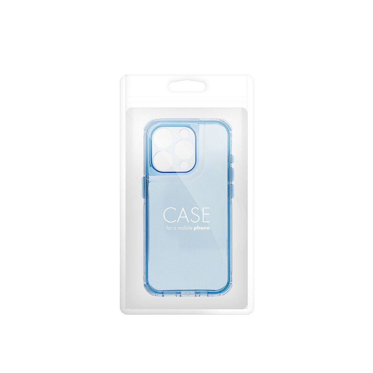 Custodia blu per telefono in una confezione di plastica trasparente, con la parola 'CASE'.