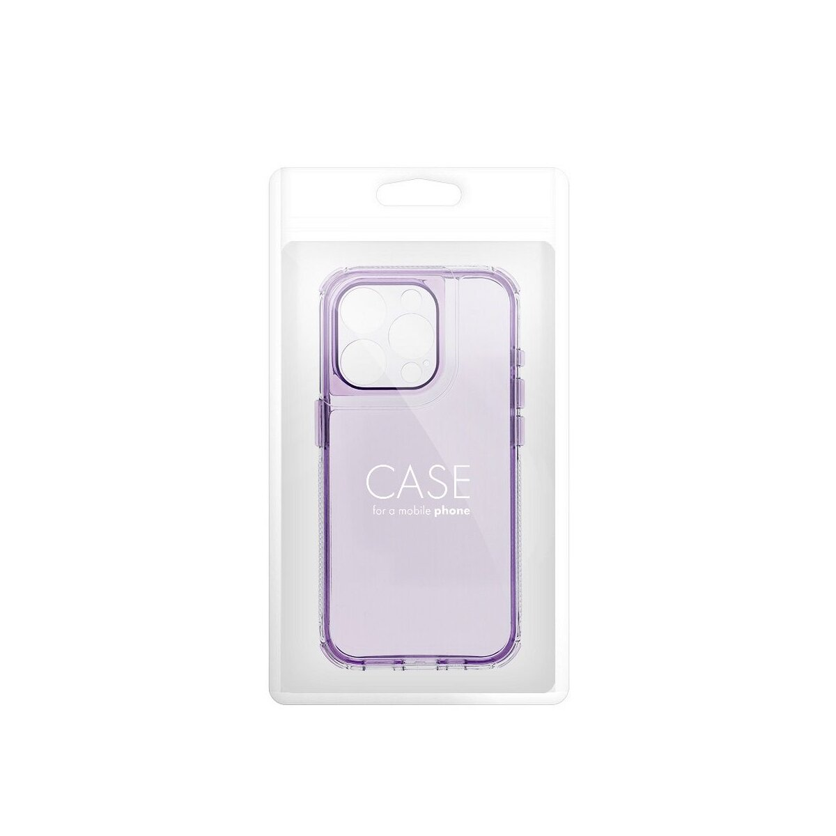 Eine lilafarbene iPhone-Hülle in einer transparenten Plastikverpackung. Das Wort 'CASE' ist sichtbar.
