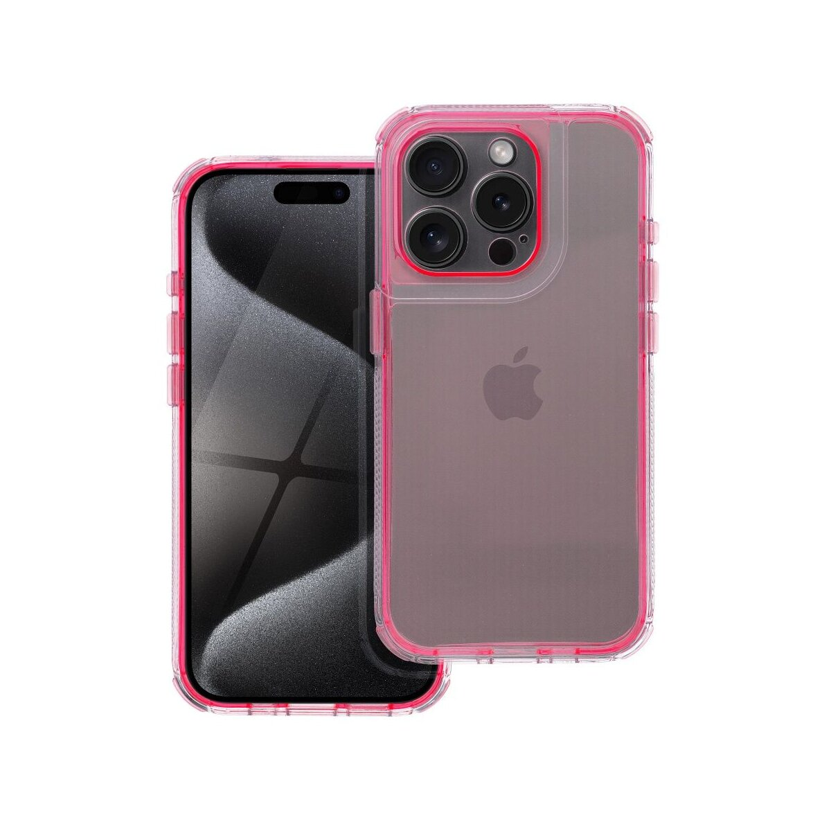 Custodia trasparente per telefono con bordi rosa. Il telefono è visibile all'interno.