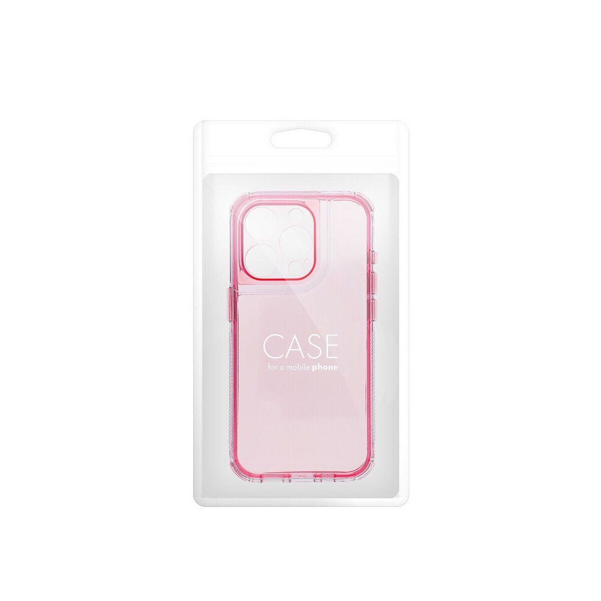 Custodia per telefono rosa in una confezione di plastica trasparente, su sfondo bianco.