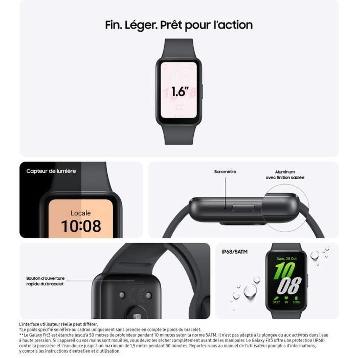 Smartwatch negra con pantalla de 1,6 pulgadas y varios iconos de funciones.