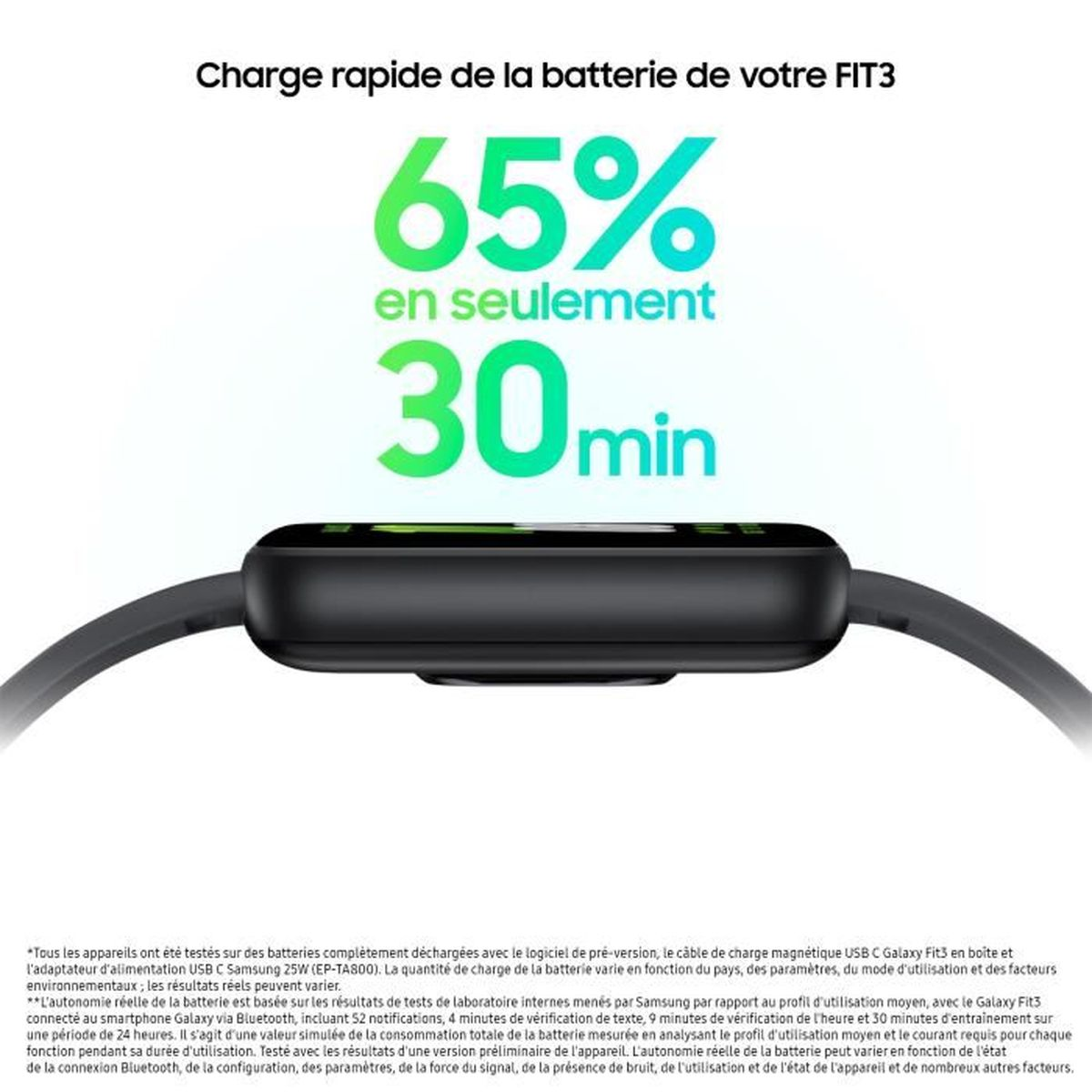 Smartwatch negra muestra 65% carga en 30 minutos. Texto detalla carga.