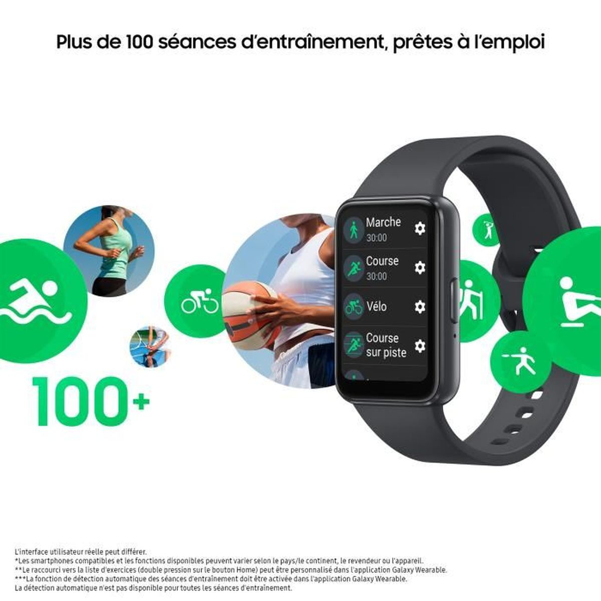 Smartwatch negra con correa negra. Iconos de actividades a la izquierda, pantalla negra a la derecha.