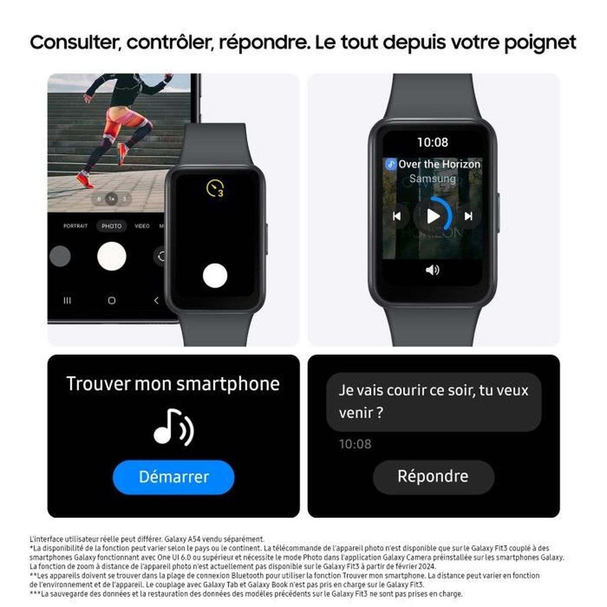 Dos smartwatches con pantallas que muestran notificaciones y opciones. Un teléfono a la izquierda.