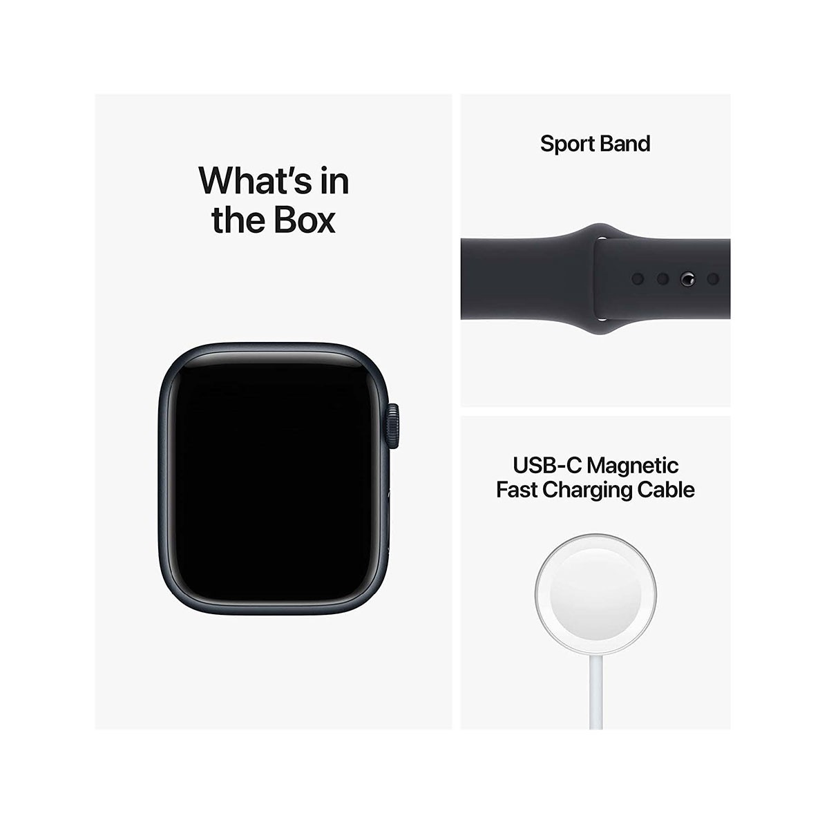 Immagine del contenuto della confezione di uno smartwatch, tra cui orologio, cinturino e cavo di ricarica.