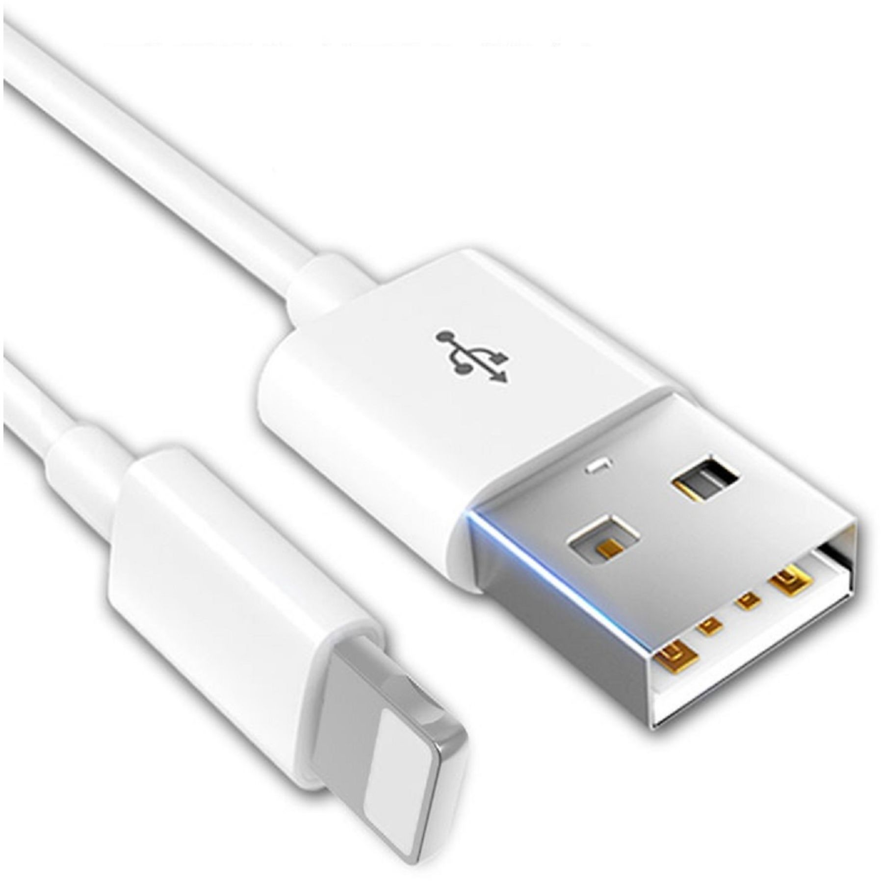 Ein weißes USB-zu-Lightning-Kabel mit Anschlüssen an beiden Enden.