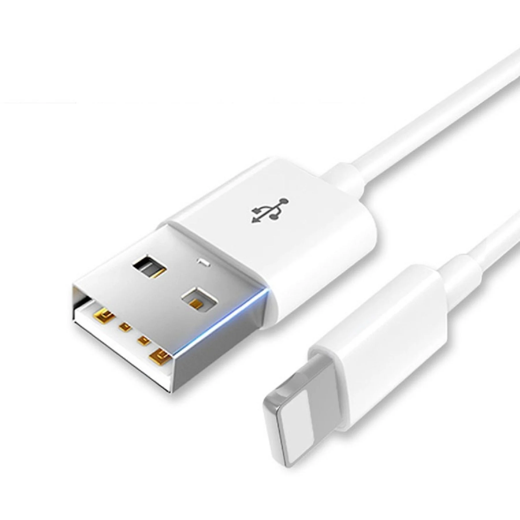Weißes USB-zu-Lightning-Kabel mit USB- und Lightning-Anschlüssen.