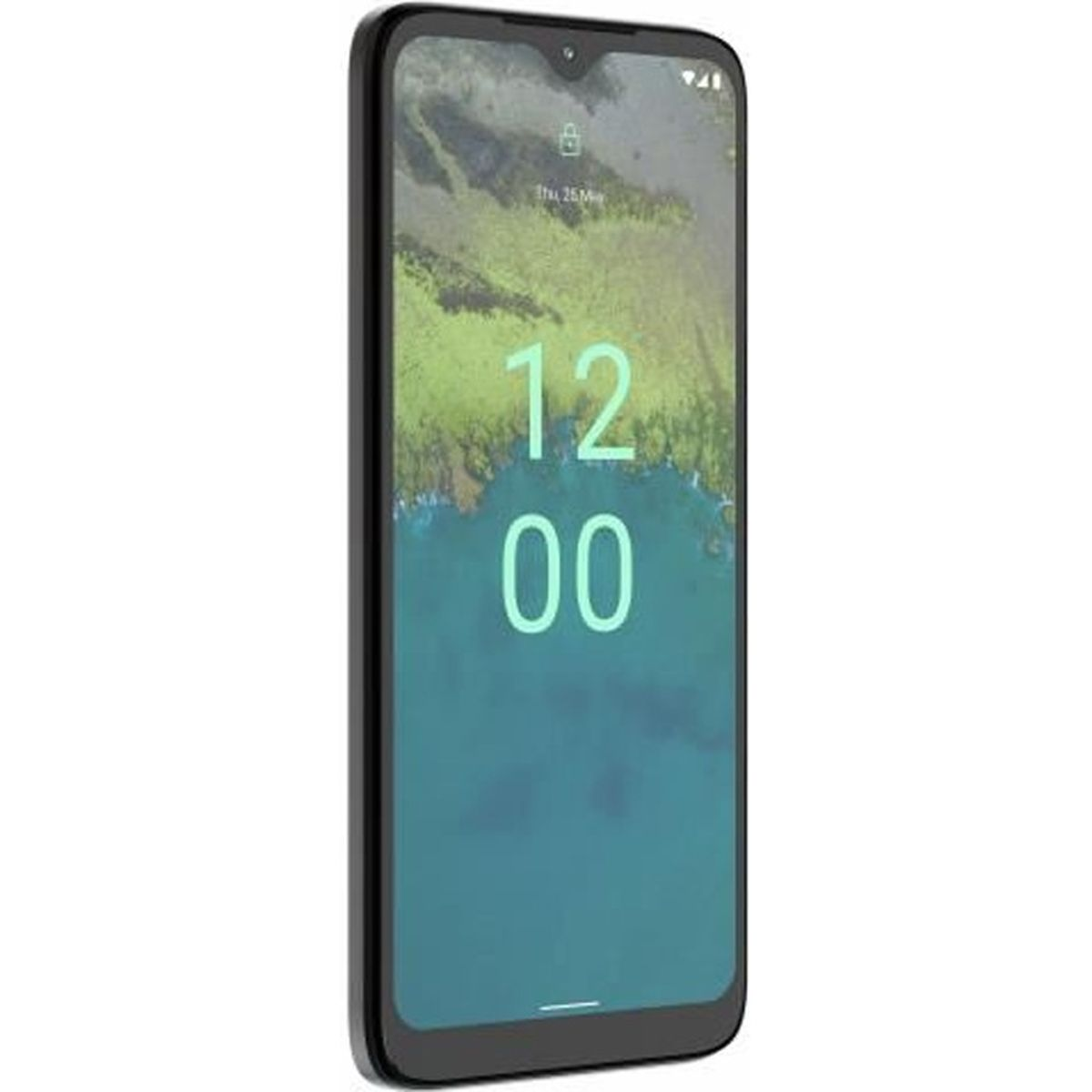 Czarny smartfon wyświetlający godzinę: 12:00. Widoczne zielono-niebieskie abstrakcyjne tło.