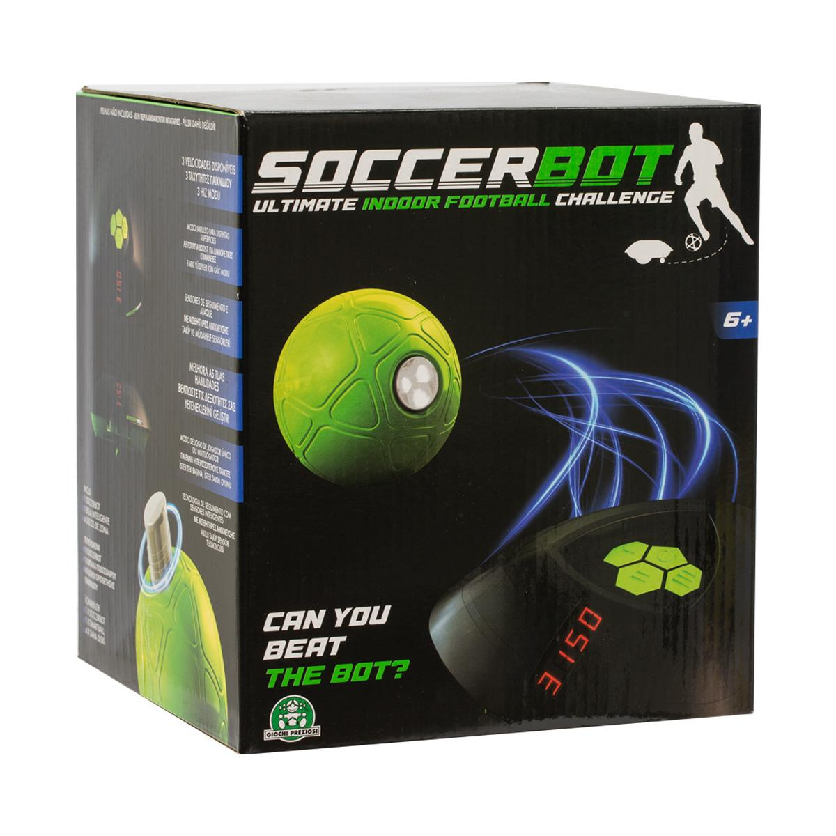 Scatola gioco SoccerBot con palla verde e base nera con display.