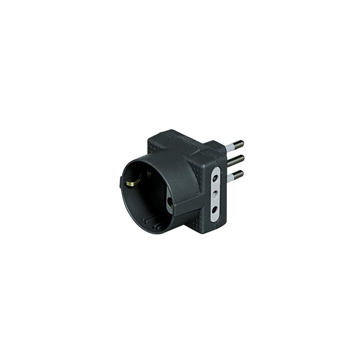 Adattatore elettrico nero con tre spine e una presa per una spina europea.